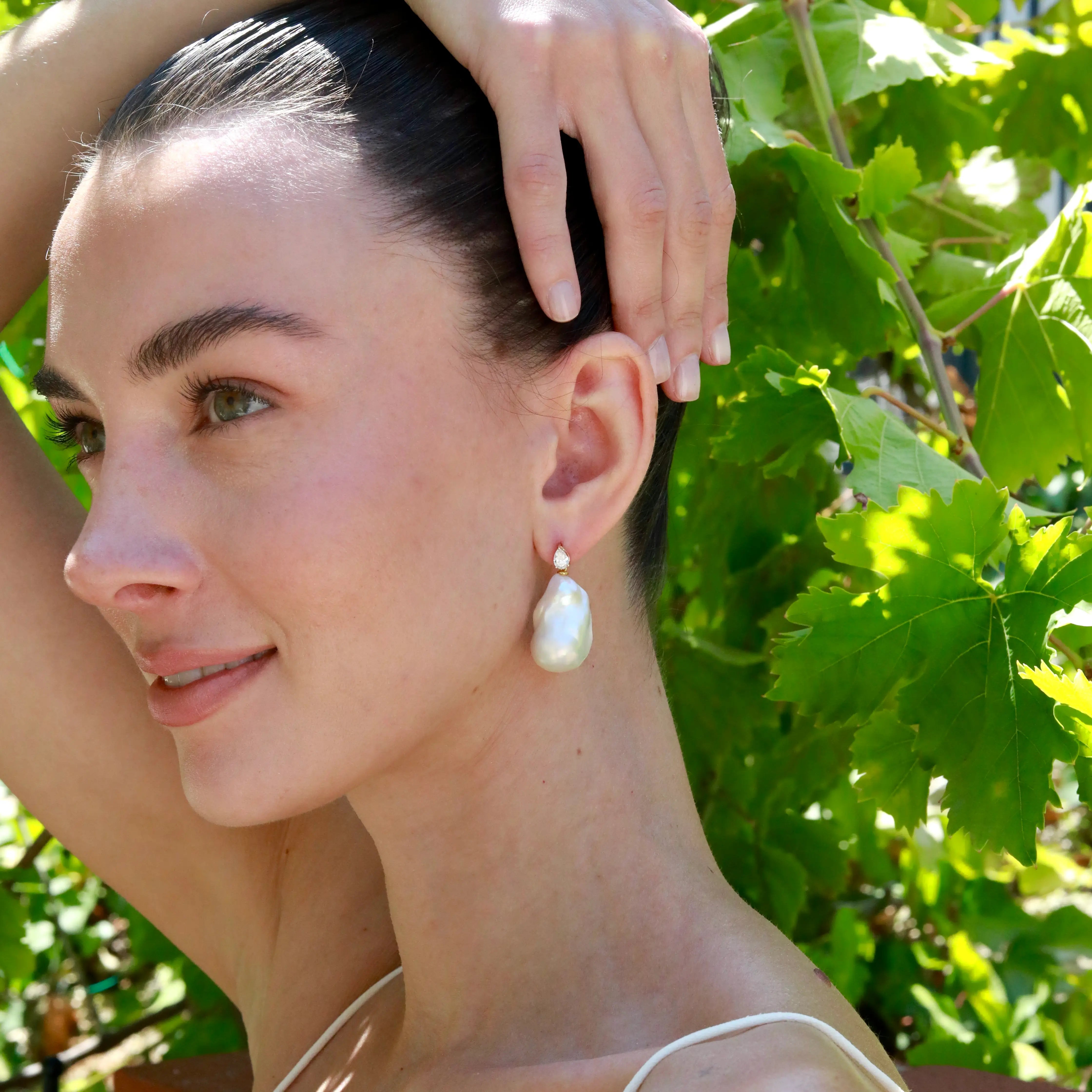 Venus Tears Lab Grown Diamond Baroque Pearl Convertible Drop Earrings 14K Yellow gold