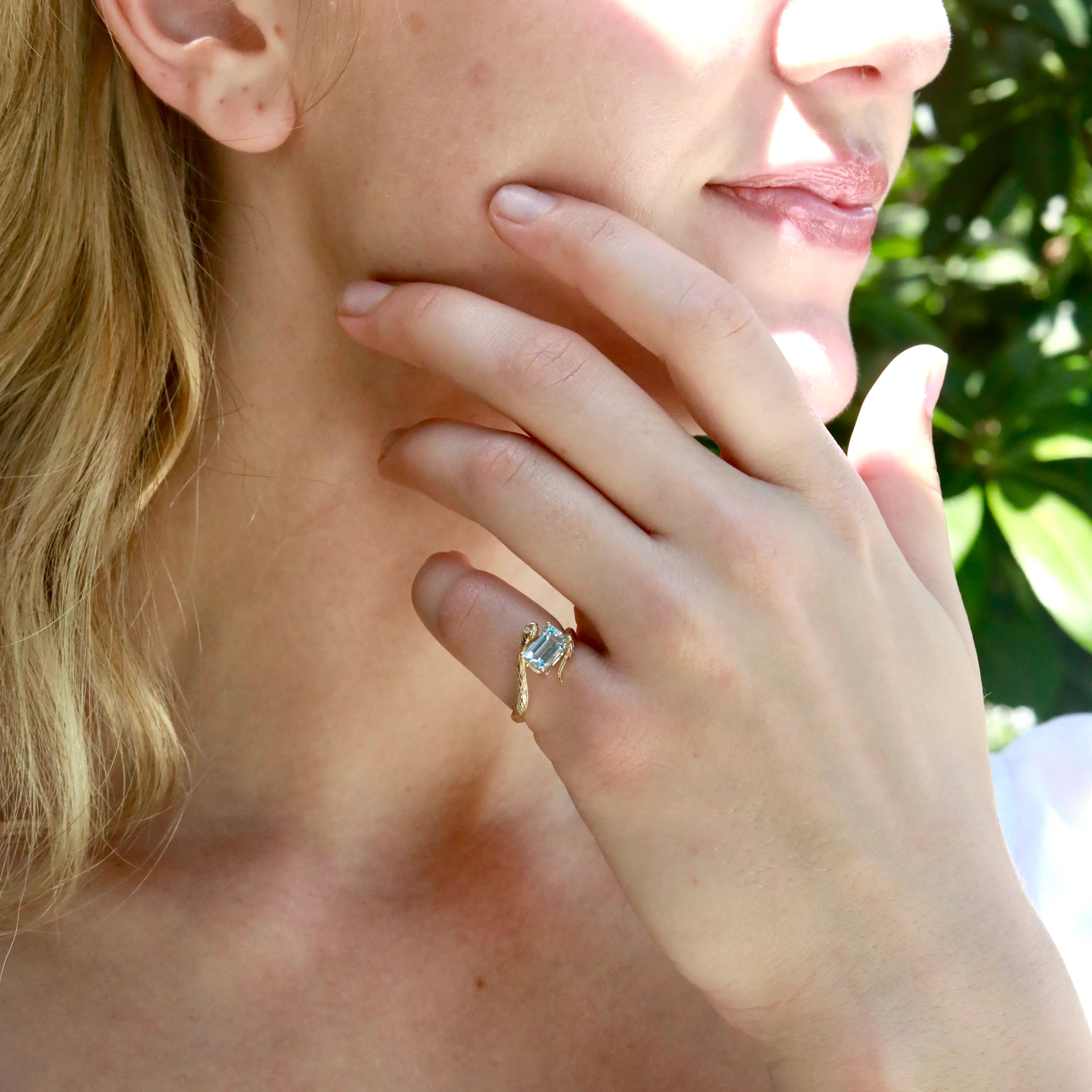 Snake Protection Natural Emerald-Cut Aquamarine & Diamond East-West Ring 14k yellow gold
