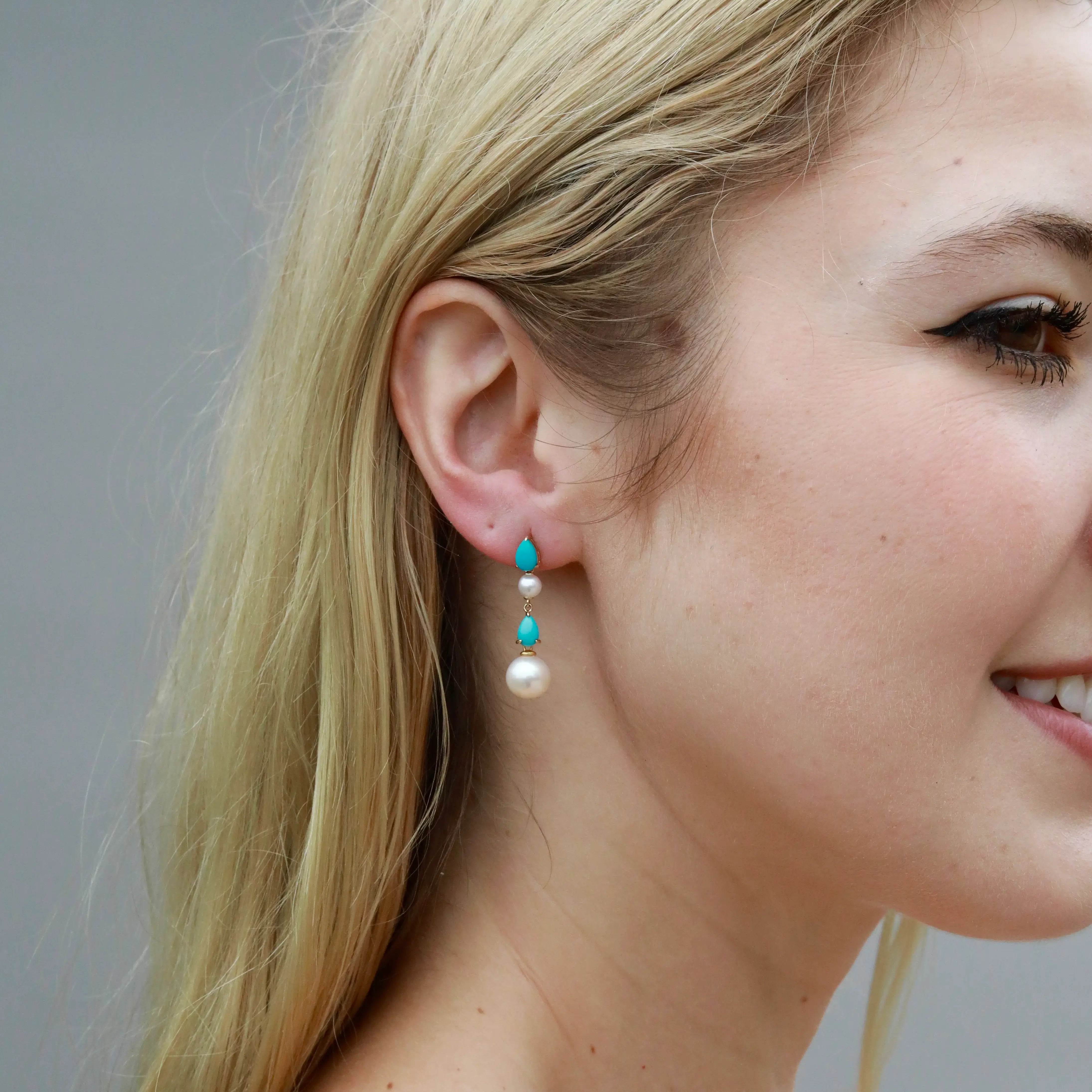 Venus Tears Natural Turquoise Duo Pearl Drop Earrings 14k yellow gold