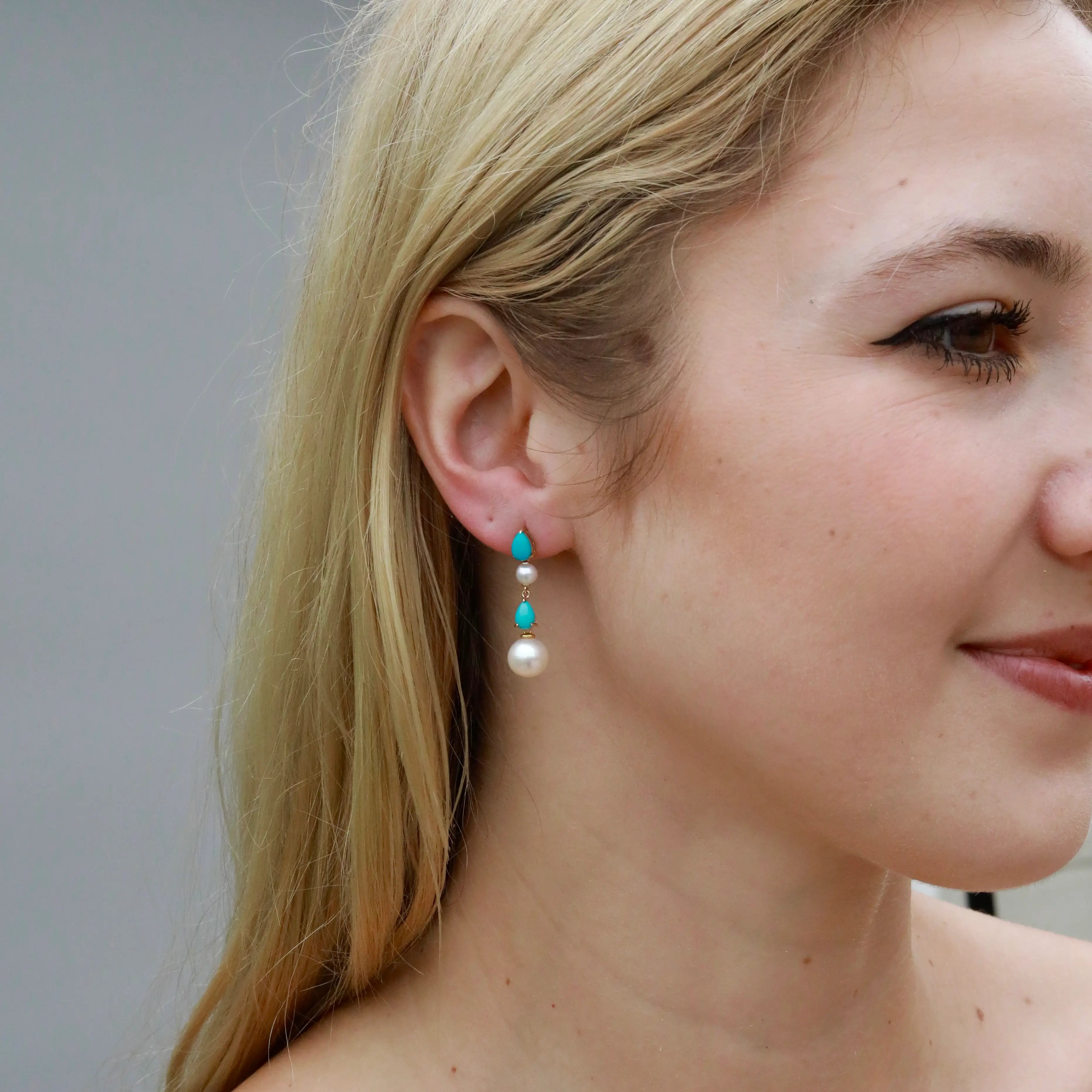 Venus Tears Natural Turquoise Duo Pearl Drop Earrings 14k yellow gold