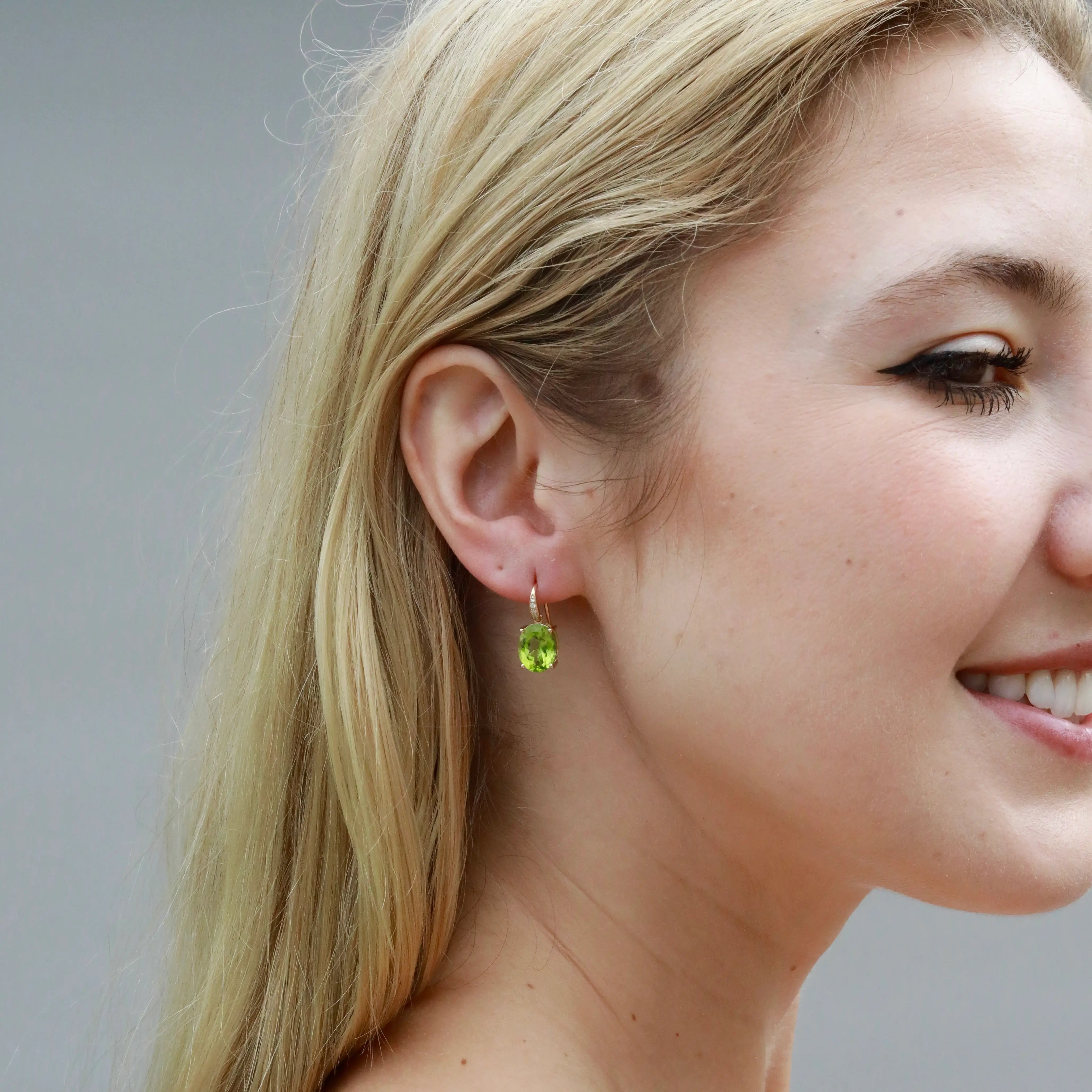 Oval Natural Peridot Diamond Drop Earrings 14k yellow gold