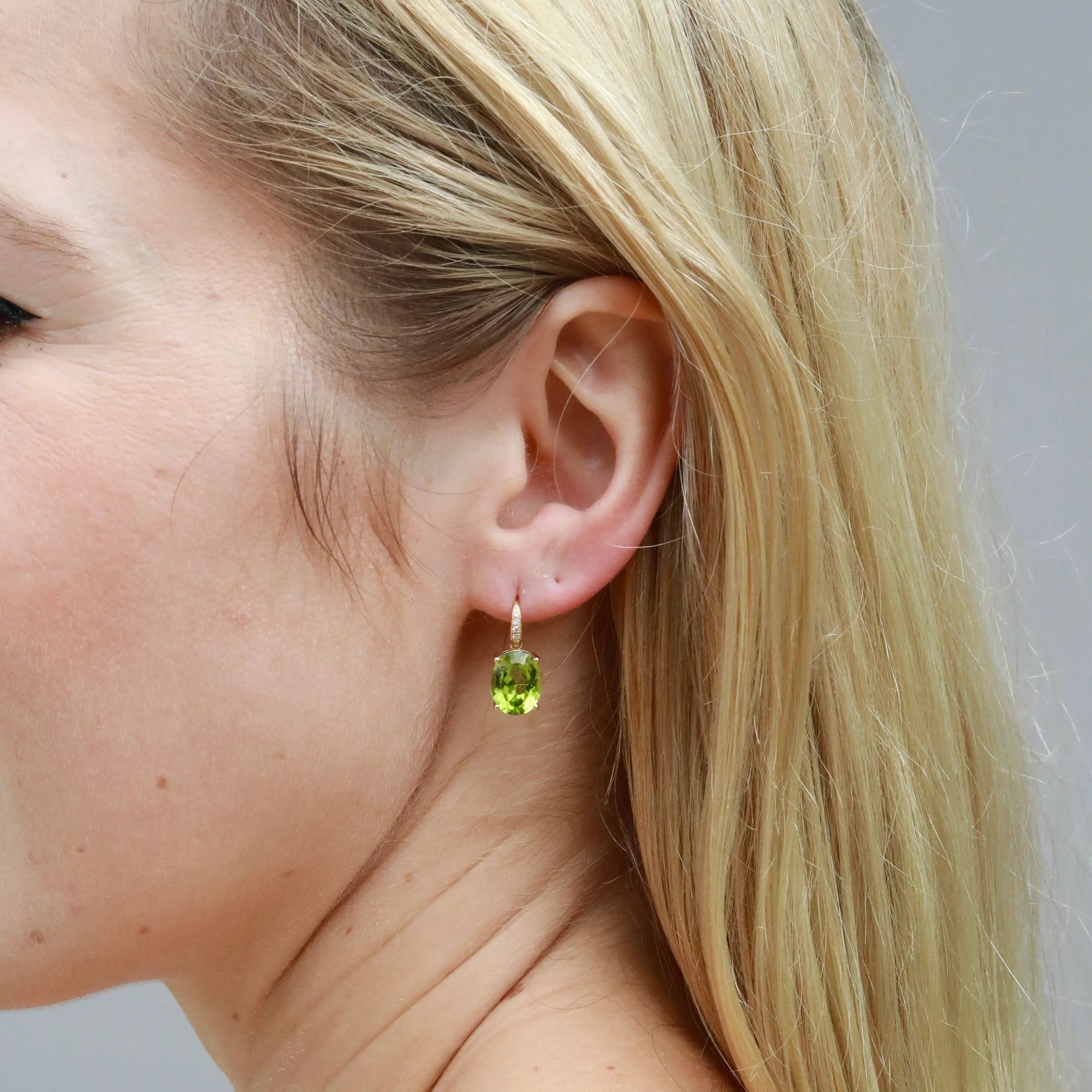 Oval Natural Peridot Diamond Drop Earrings 14k yellow gold