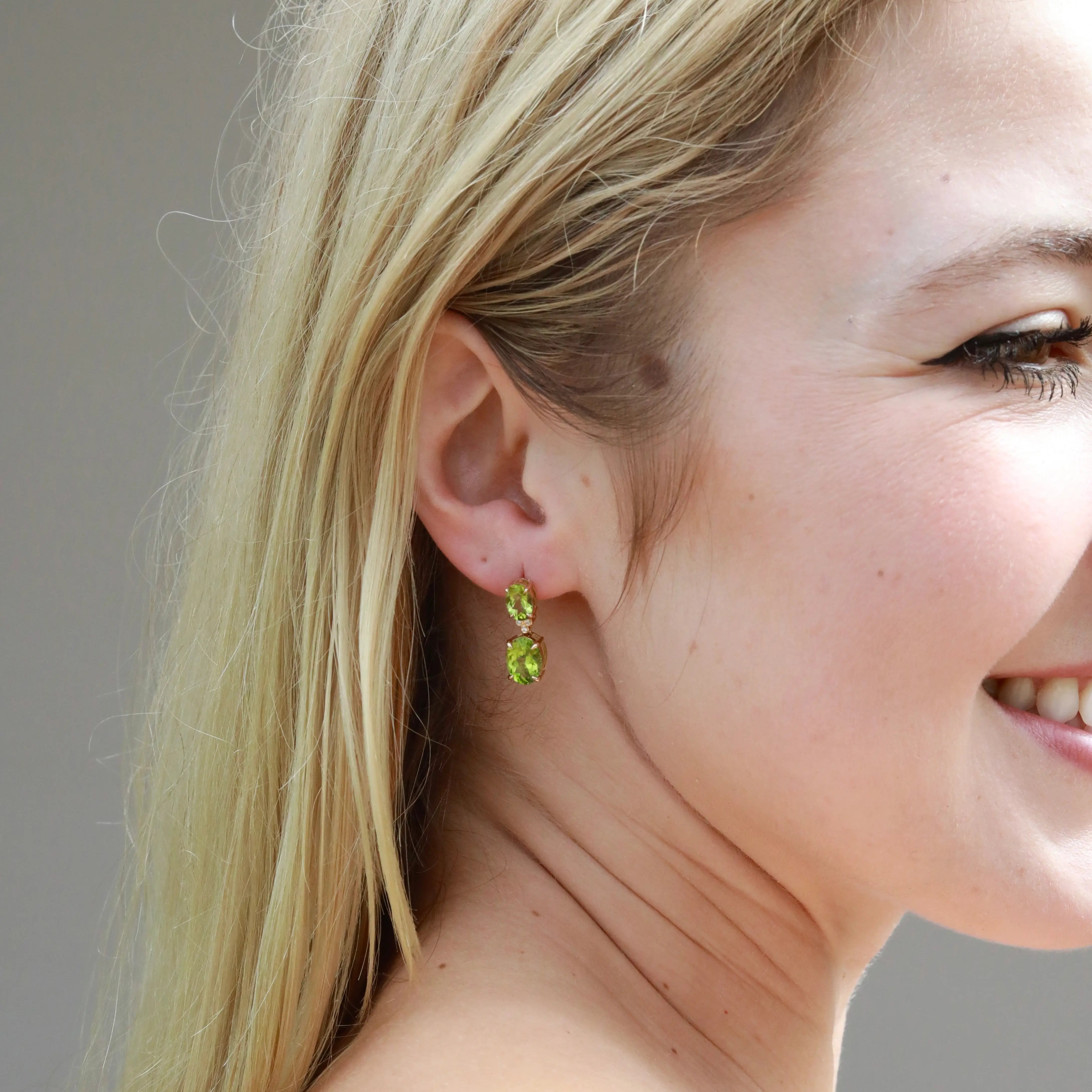 Divina Oval Peridot Diamond Drop Earrings 14k yellow gold