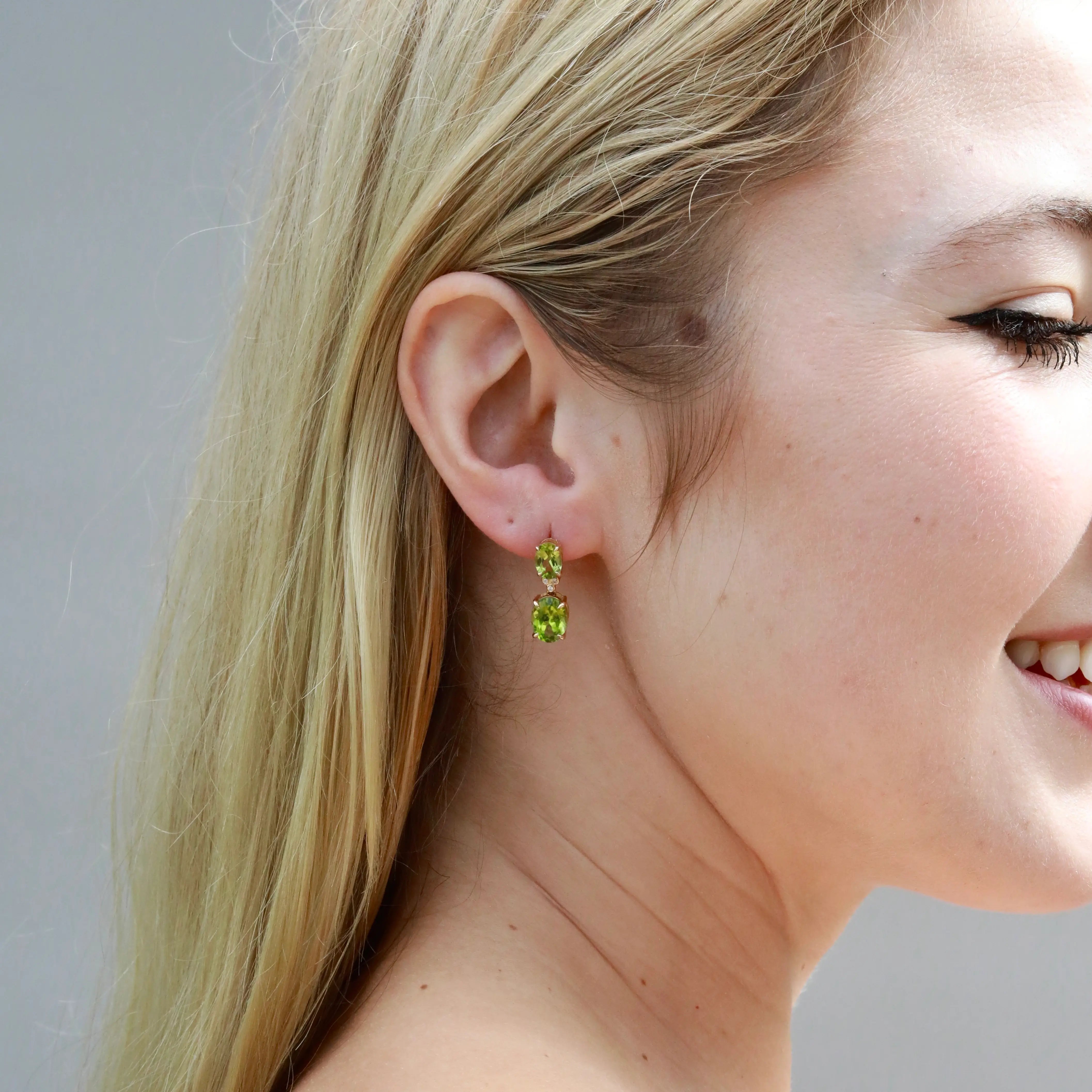 Divina Oval Peridot Diamond Drop Earrings 14k yellow gold
