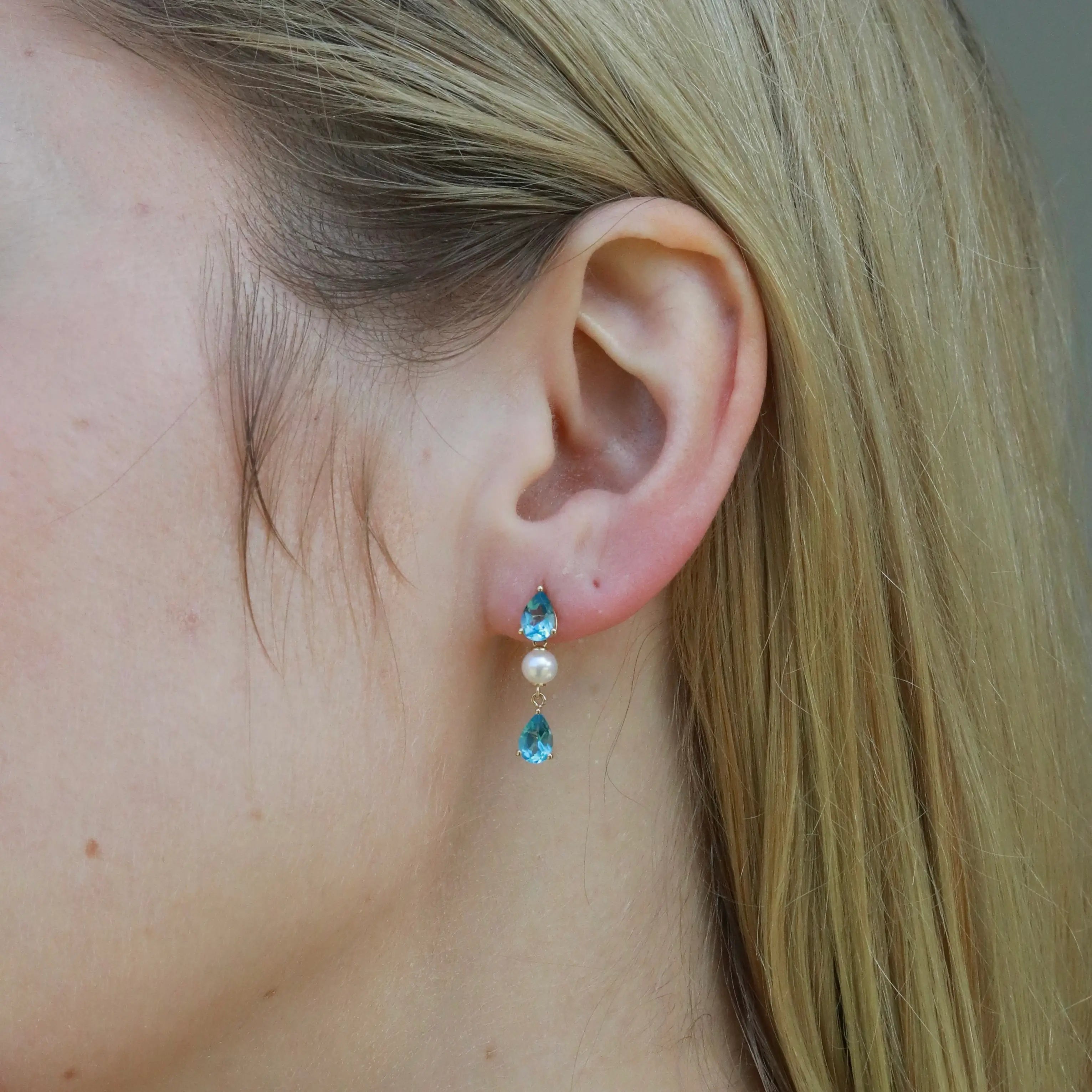 Venus Tears Natural Blue Topaz Pearl Drop Earrings 14k Yellow Gold