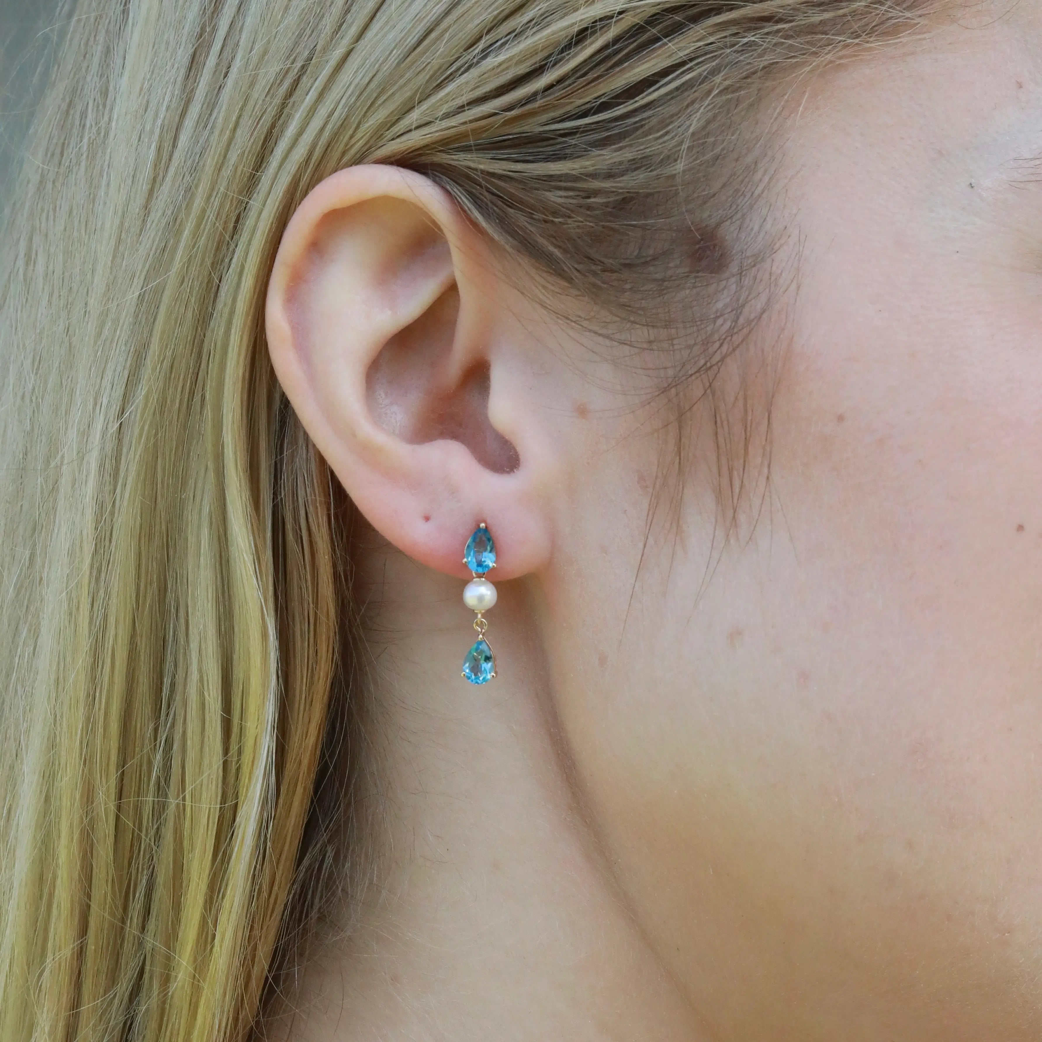 Venus Tears Natural Blue Topaz Pearl Drop Earrings 14k Yellow Gold