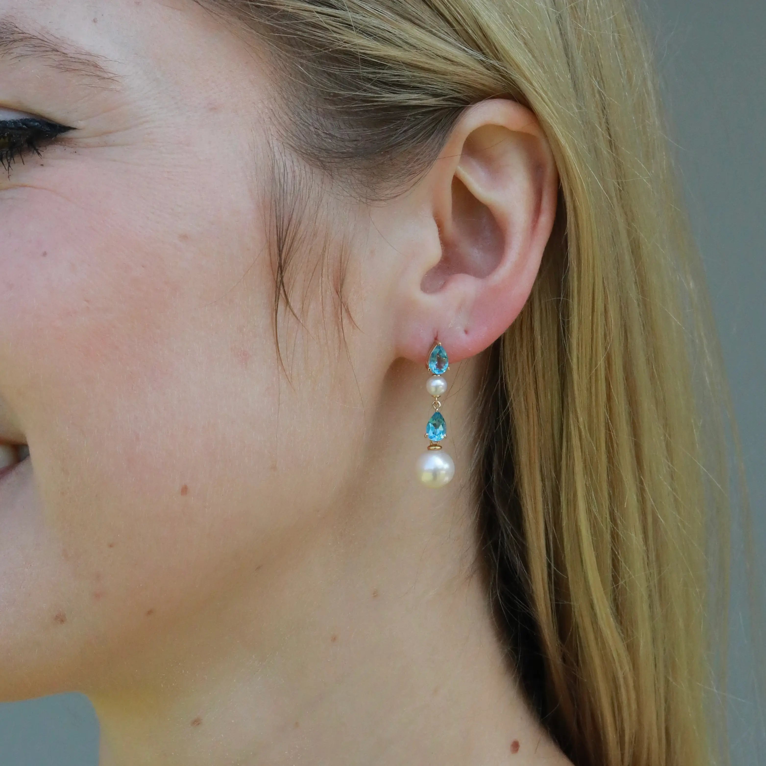 Venus Tears Natural Topaz Duo Pearl Drop Earrings 14k yellow gold