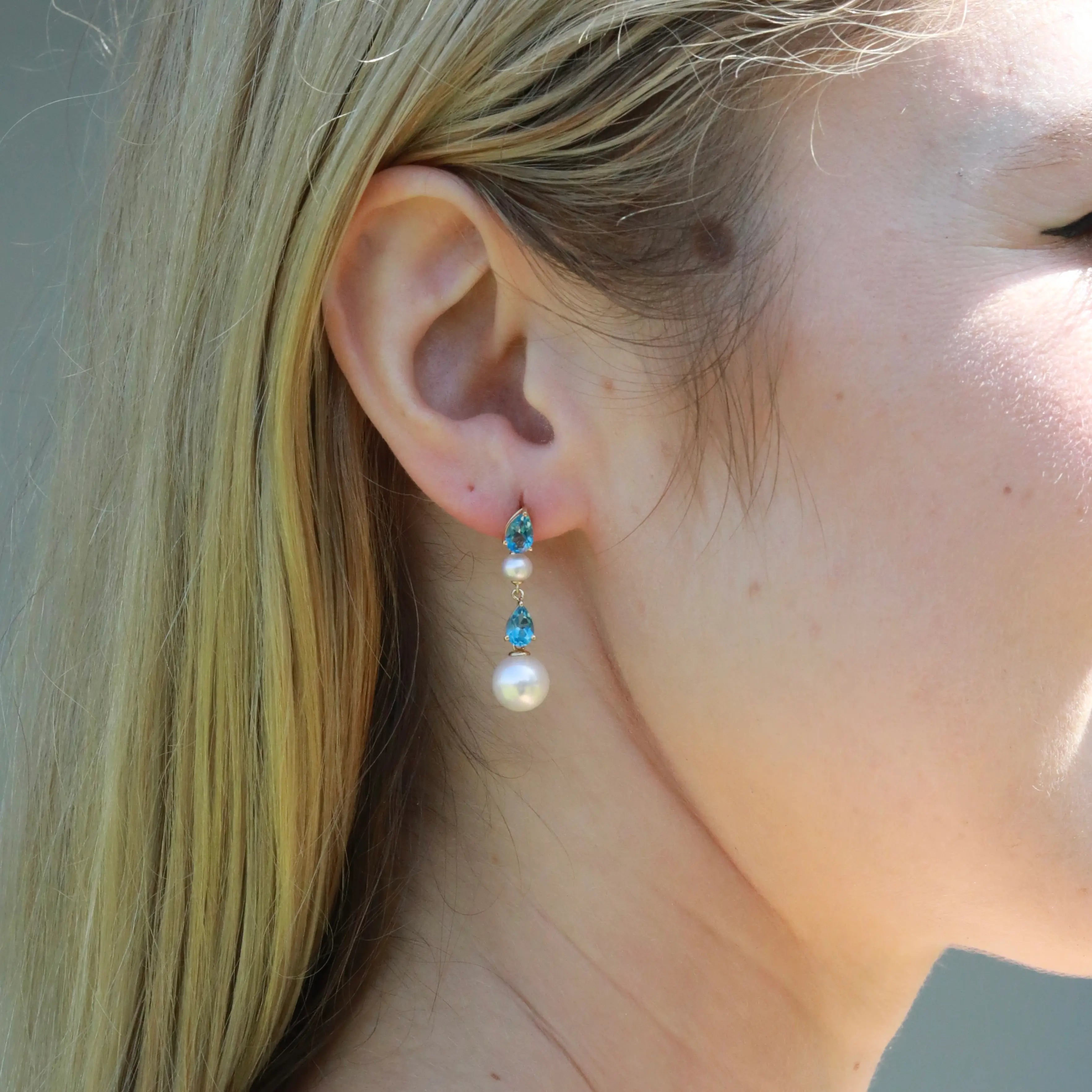 Venus Tears Natural Topaz Duo Pearl Drop Earrings 14k yellow gold