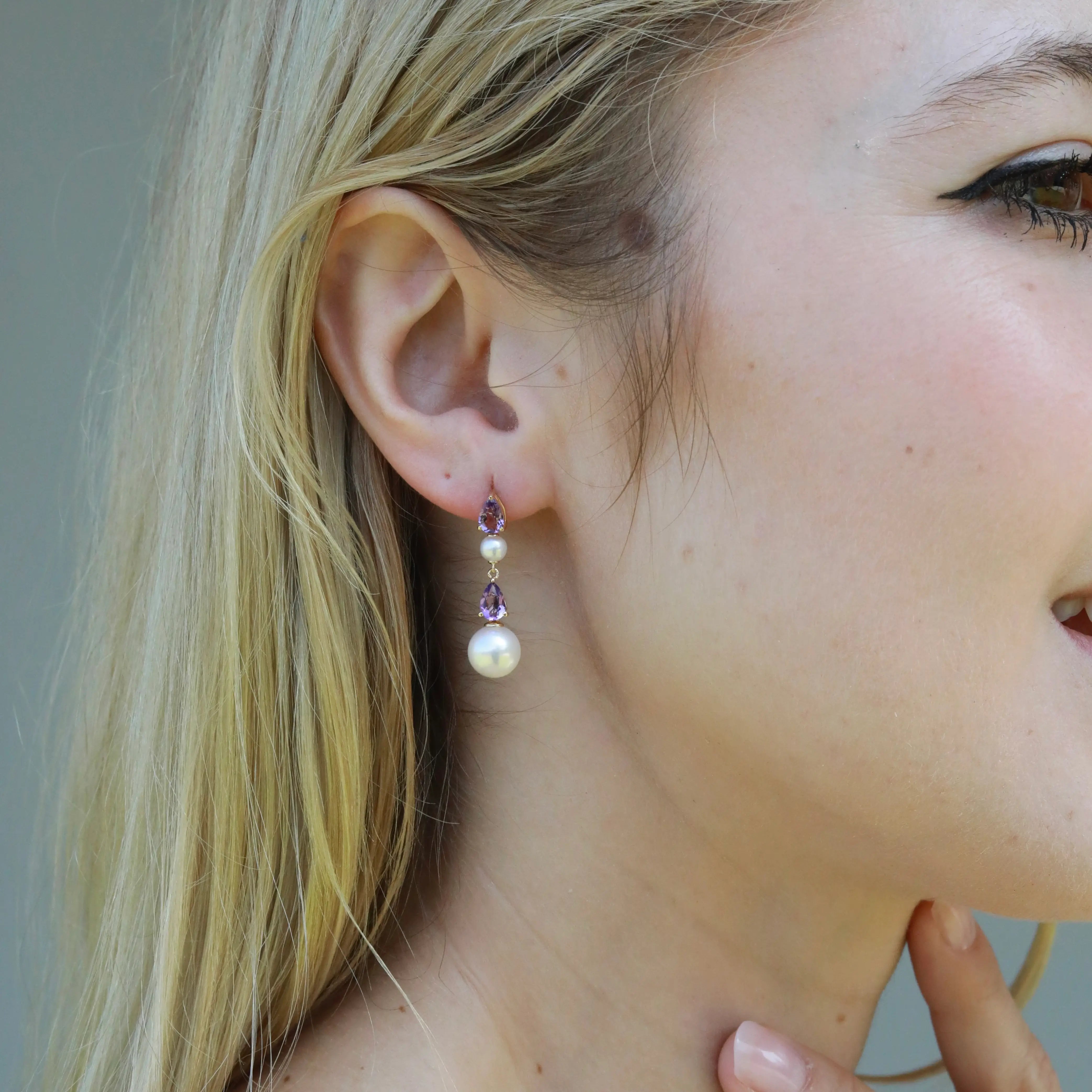Venus Tears Natural Amethyst Pearl Drop Earrings 14k yellow gold