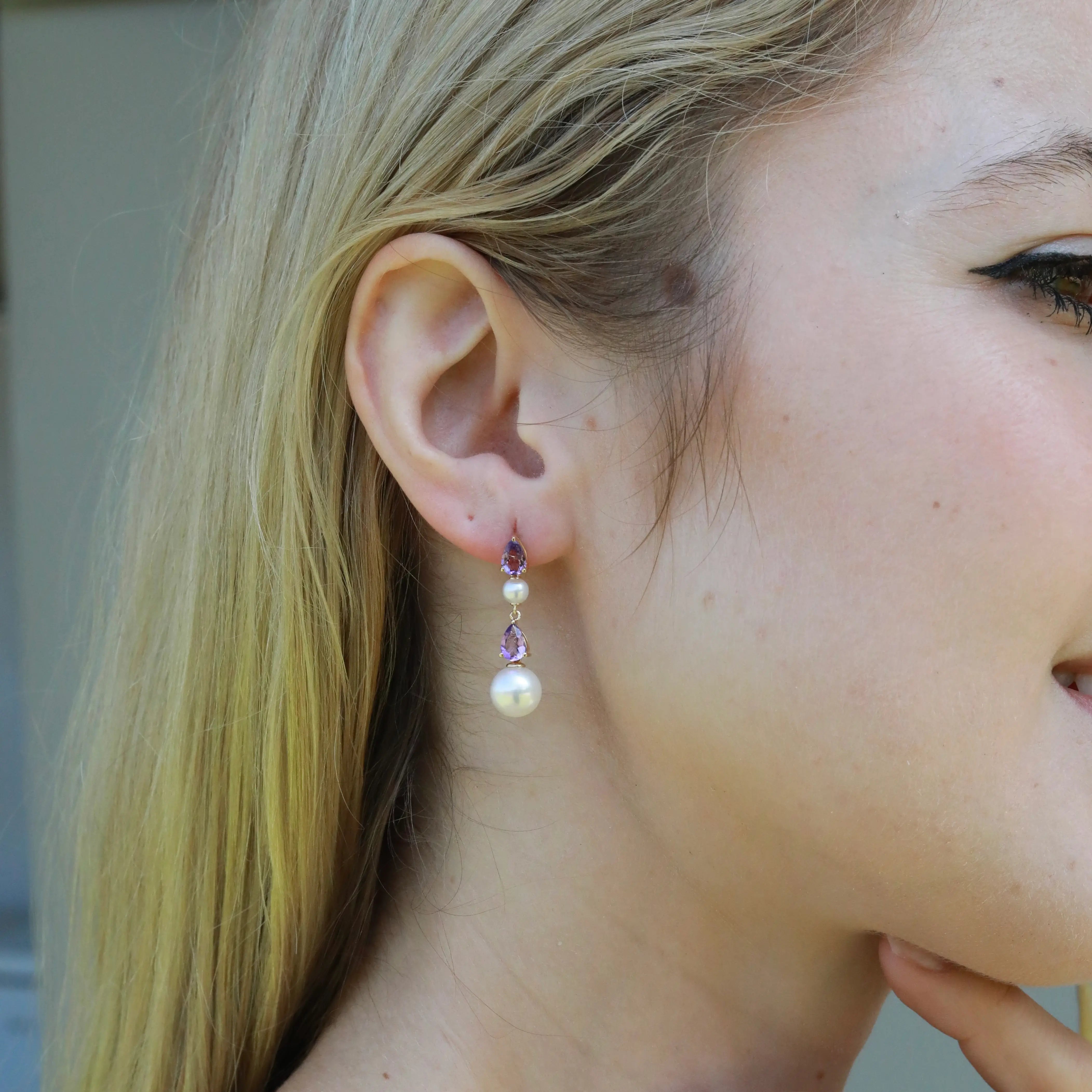 Venus Tears Natural Amethyst Pearl Drop Earrings 14k yellow gold
