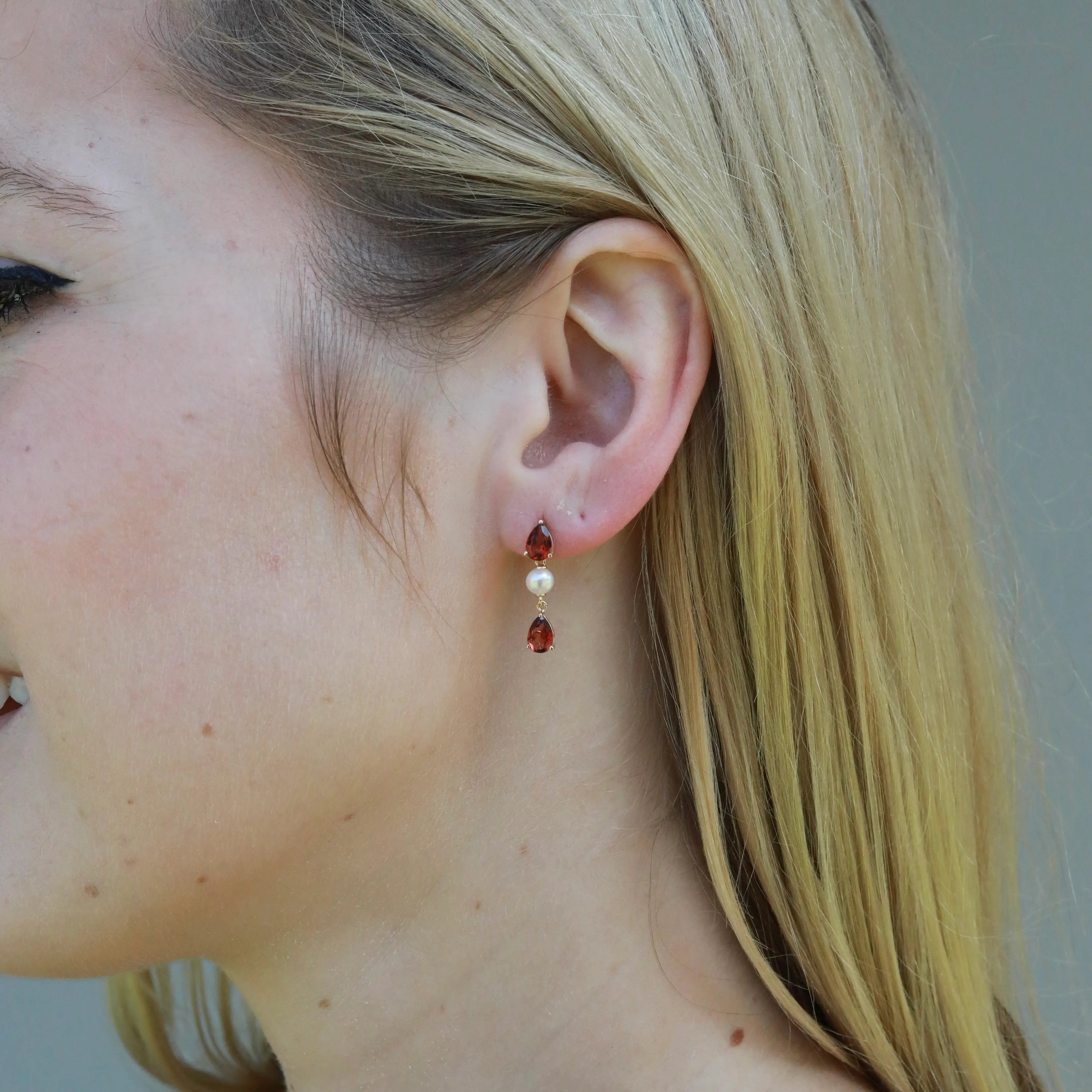 Venus Tears Natural Red Garnet Pearl Drop Earrings 14k yellow gold