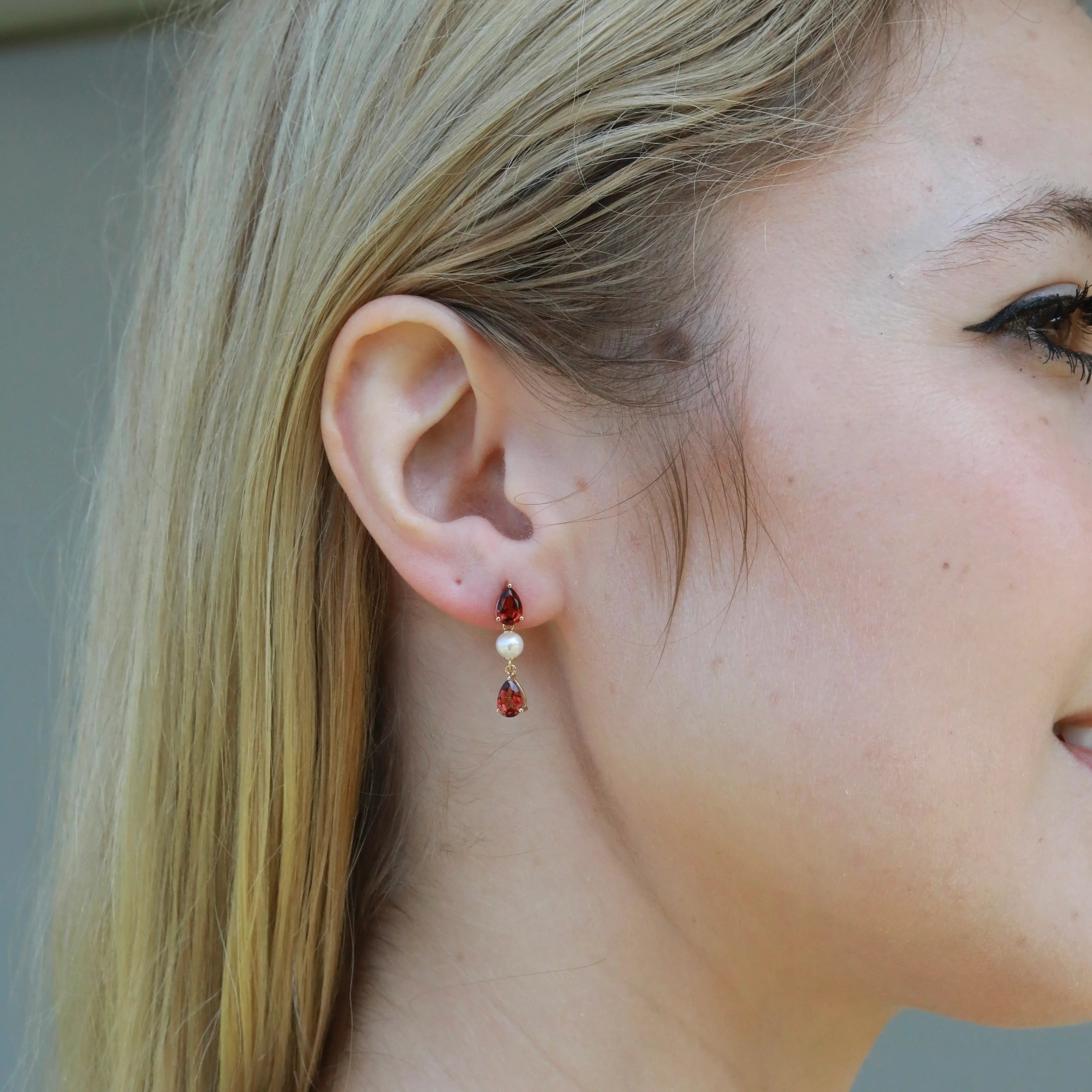 Venus Tears Natural Red Garnet Pearl Drop Earrings 14k yellow gold