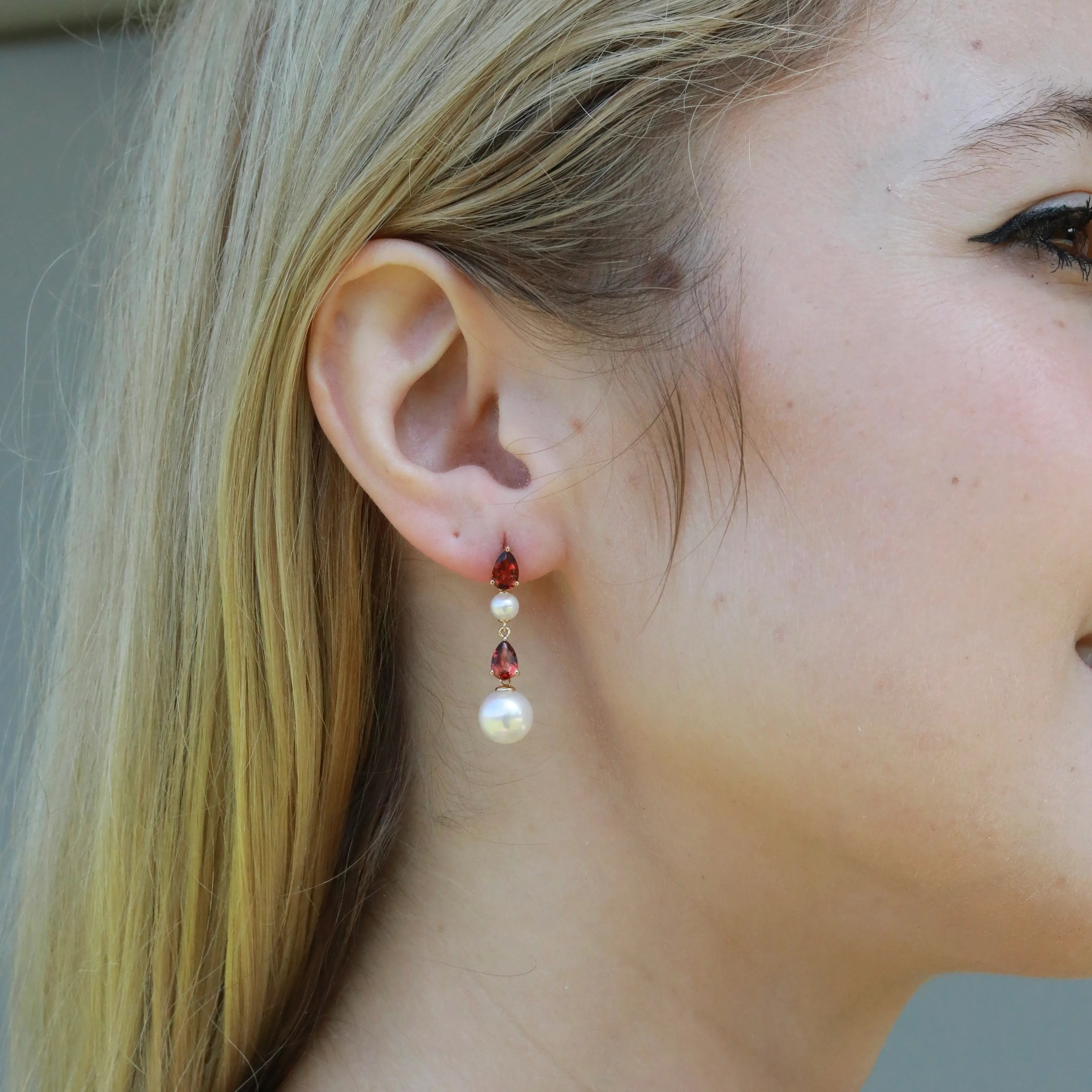 Venus Tears Natural Garnet Duo Cultured Pearl Drop Earrings 14k Yellow Gold