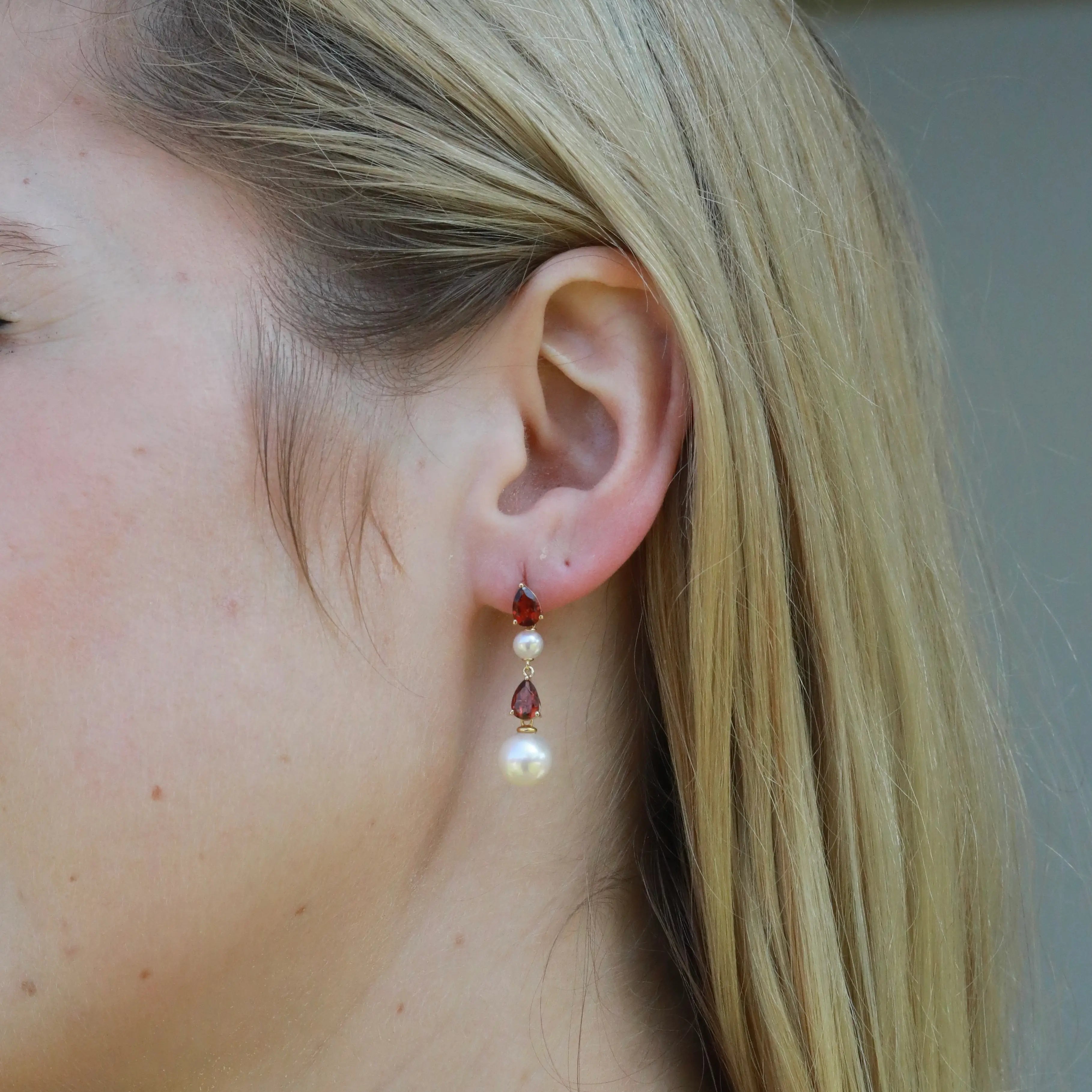 Venus Tears Natural Garnet Duo Cultured Pearl Drop Earrings 14k Yellow Gold