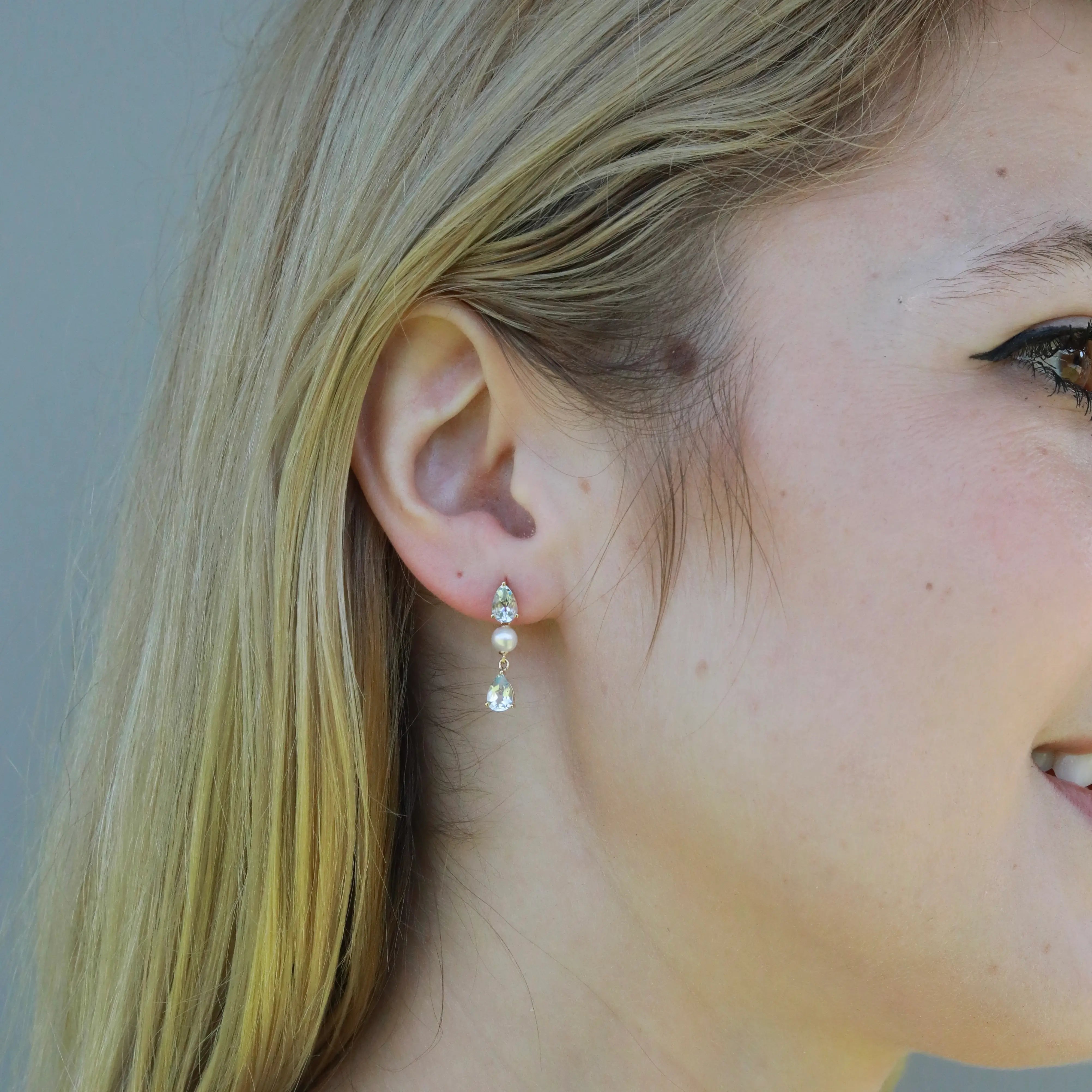 Venus Tears Natural Aquamarine Pearl Drop Earrings 14k yellow gold
