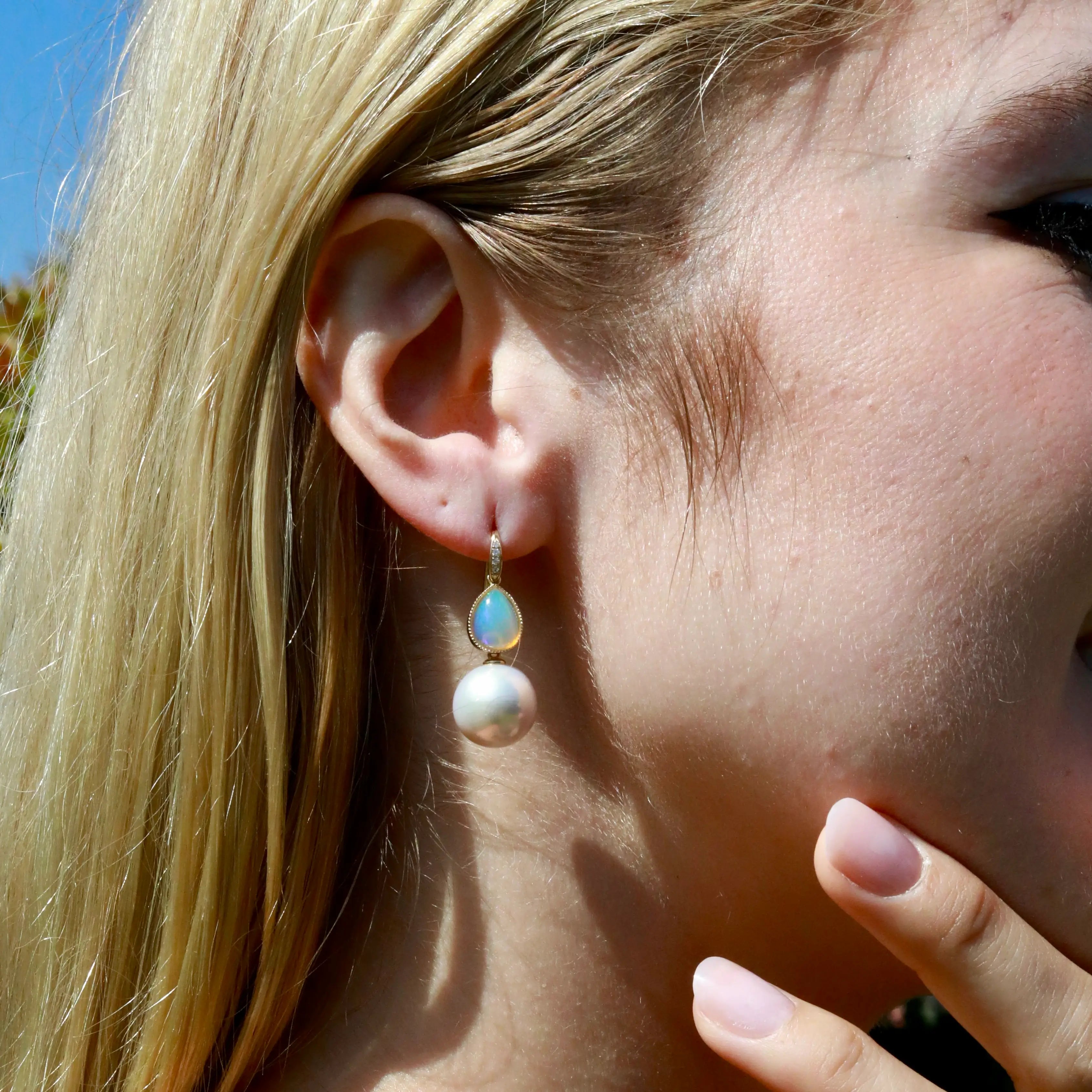 Aurora Pear Natural Fire Opal Diamond Pearl Convertible Drop Earrings 14k yellow gold