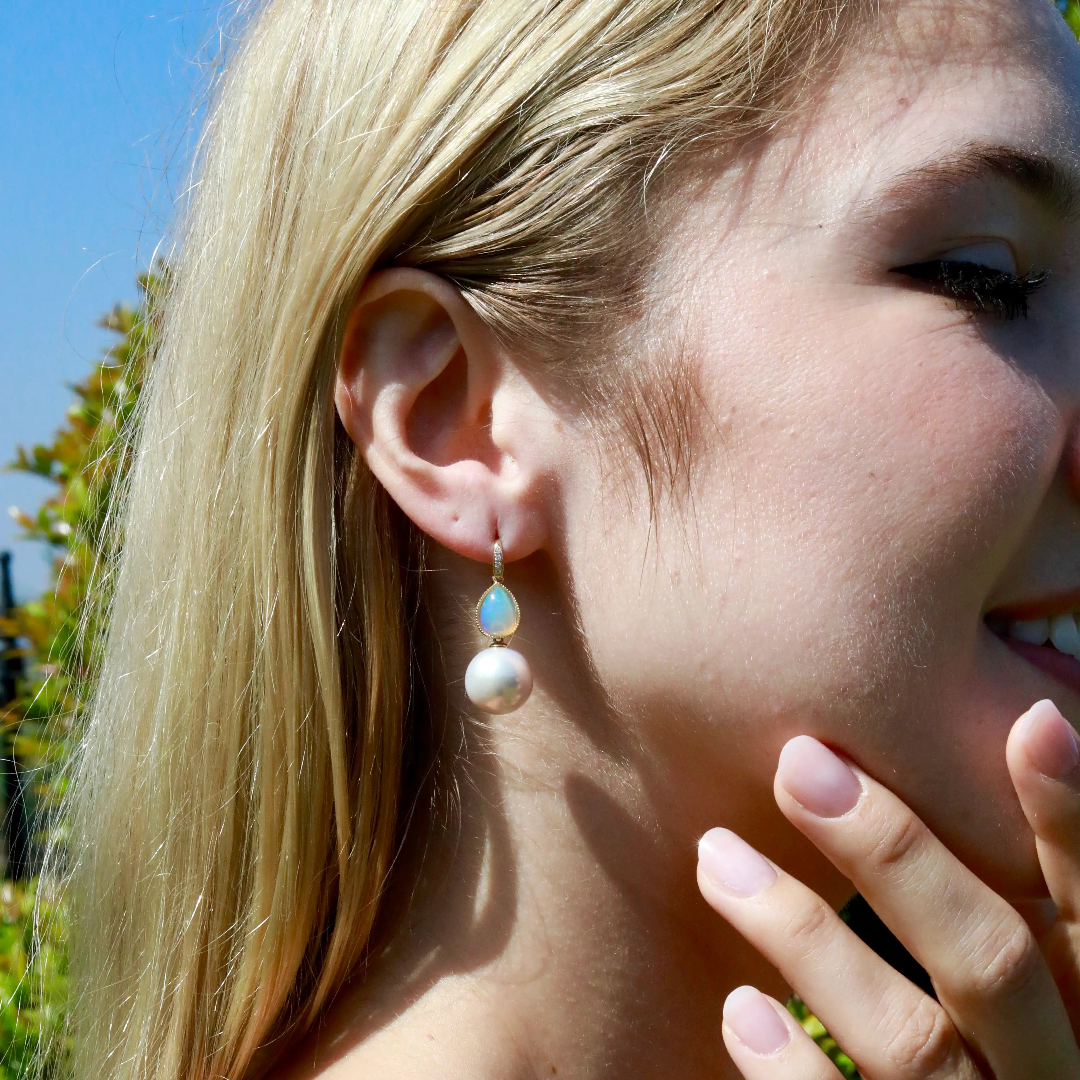 Aurora Pear Natural Fire Opal Diamond Pearl Convertible Drop Earrings 14k yellow gold