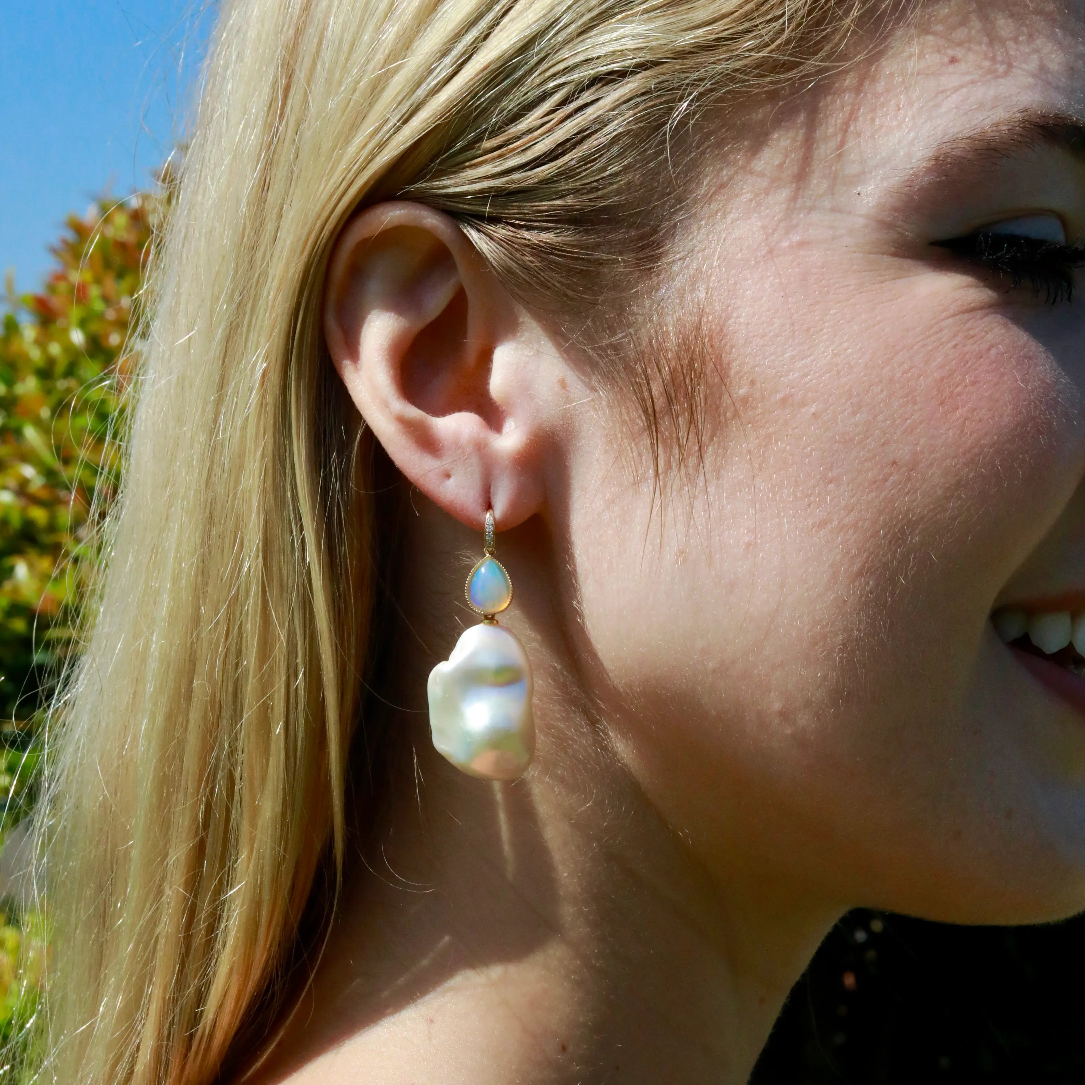 Aurora Pear Natural Fire Opal Diamond Baroque Pearl Convertible Drop Earrings 14k yellow gold