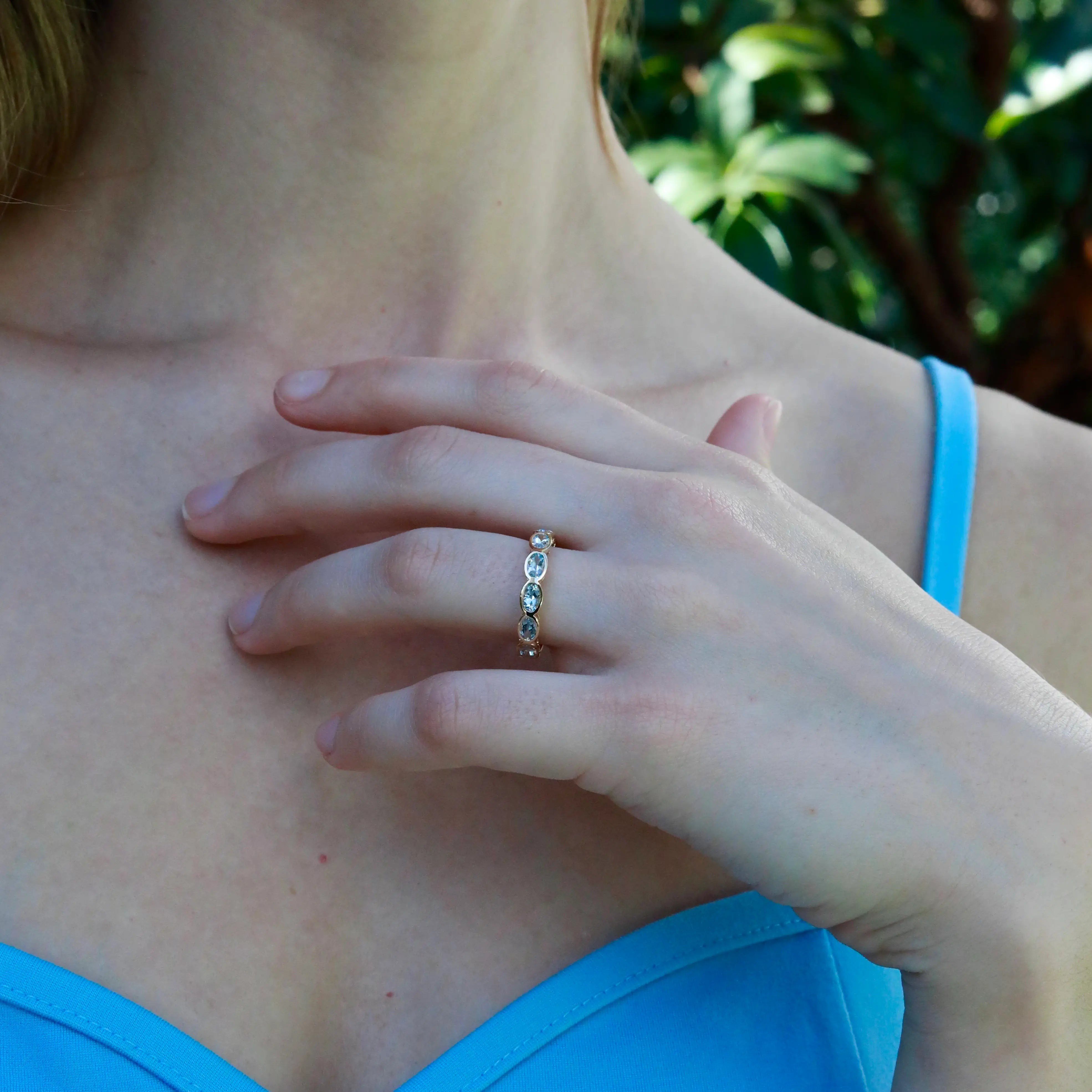 Natural Aquamarine East-West Eternity Band in 14k solid yellow gold