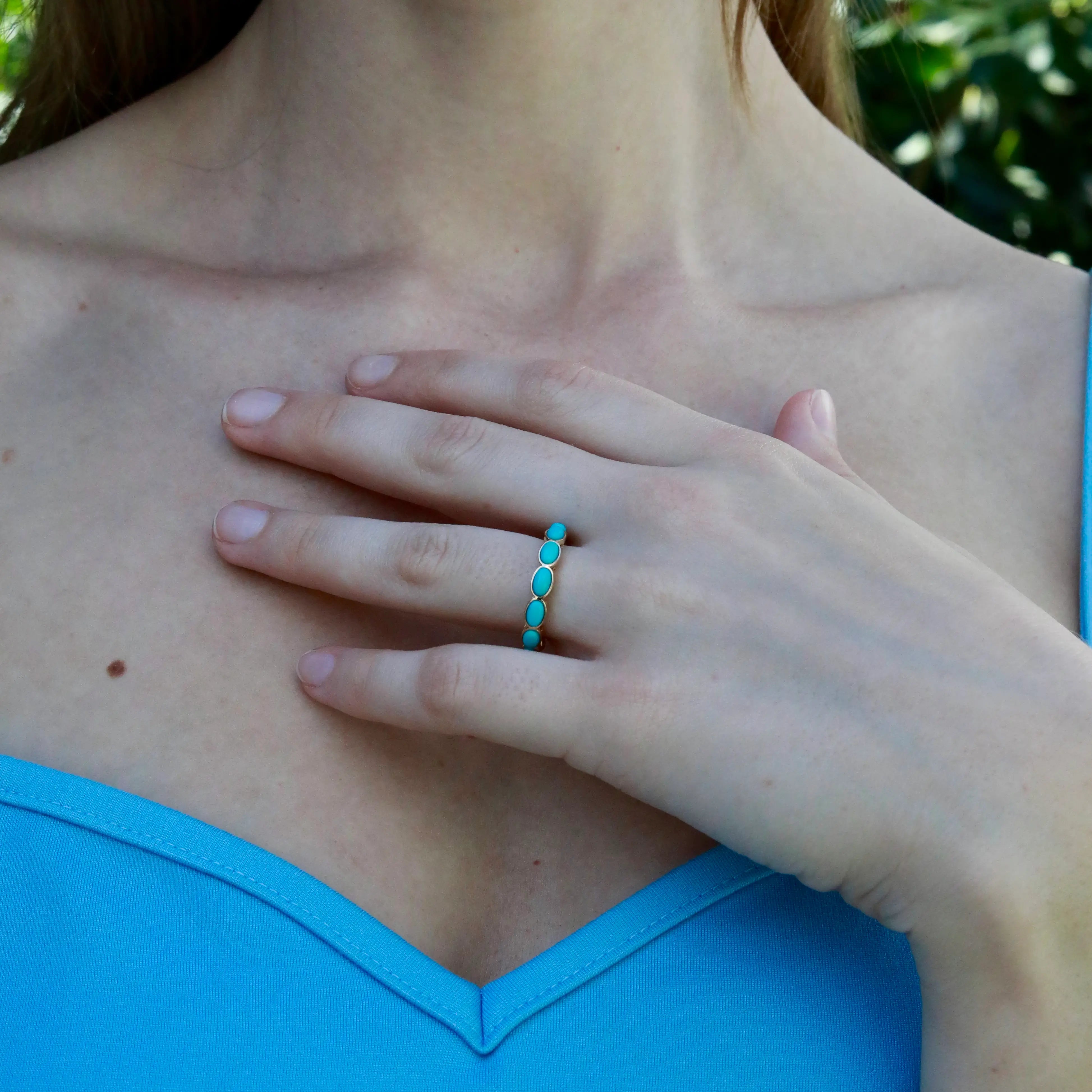 Natural Turquosie East-West Eternity Band in 14k yellow gold