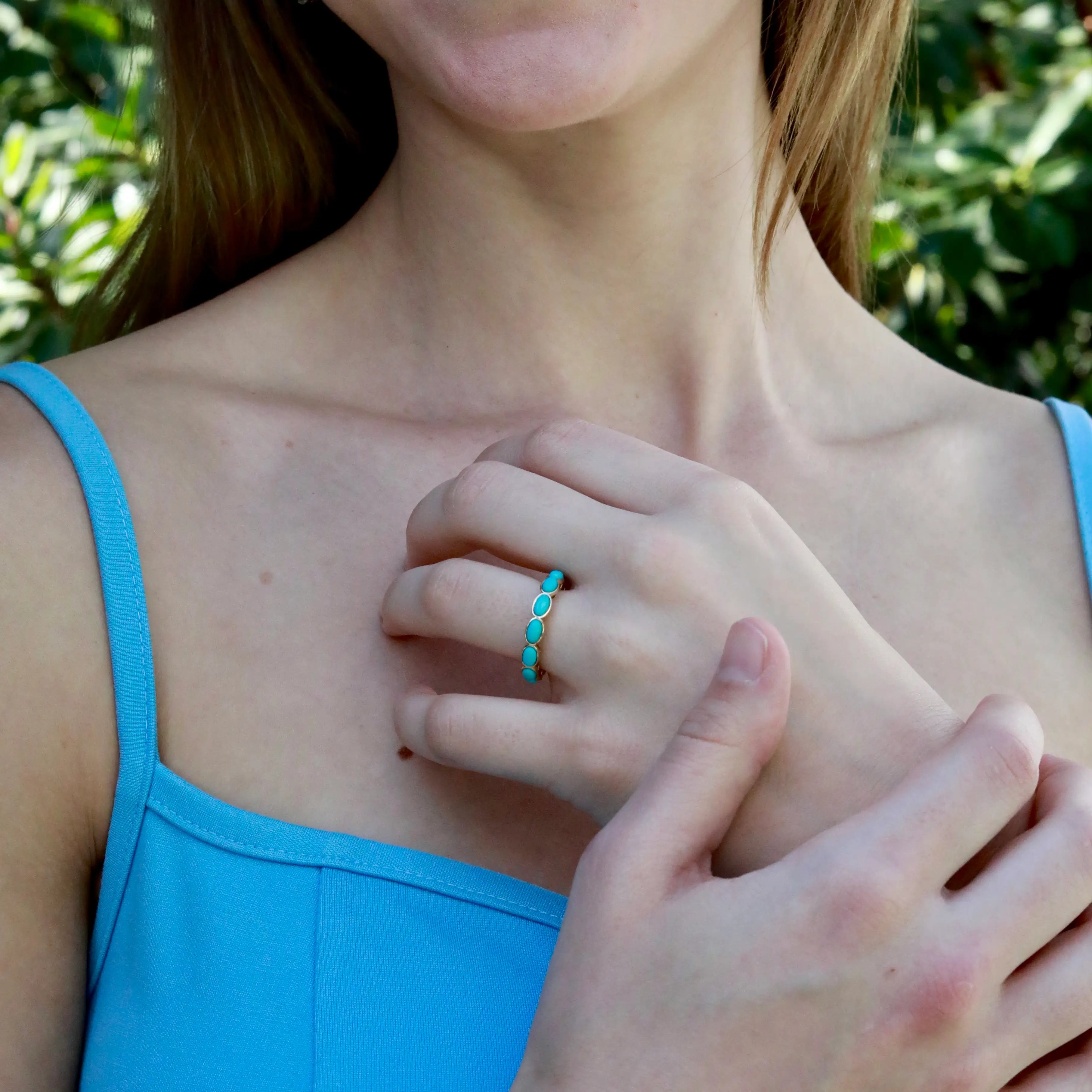 Natural Turquosie East-West Eternity Band in 14k yellow gold