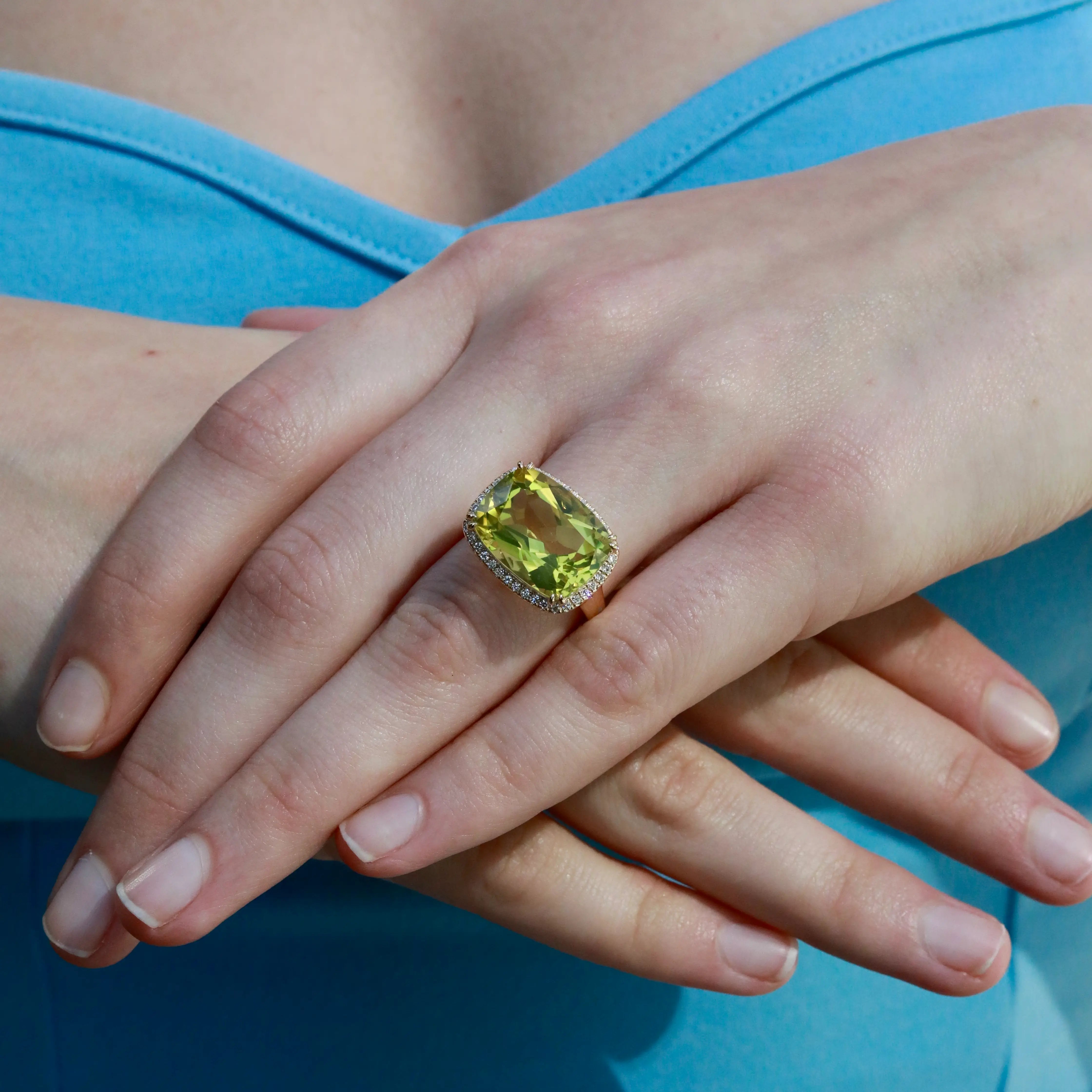 Kai Reflection Natural 11.30ctw Old Mine Cut Lemon Quartz & Lab-Diamond Diamond Ring in 14k Yellow Gold