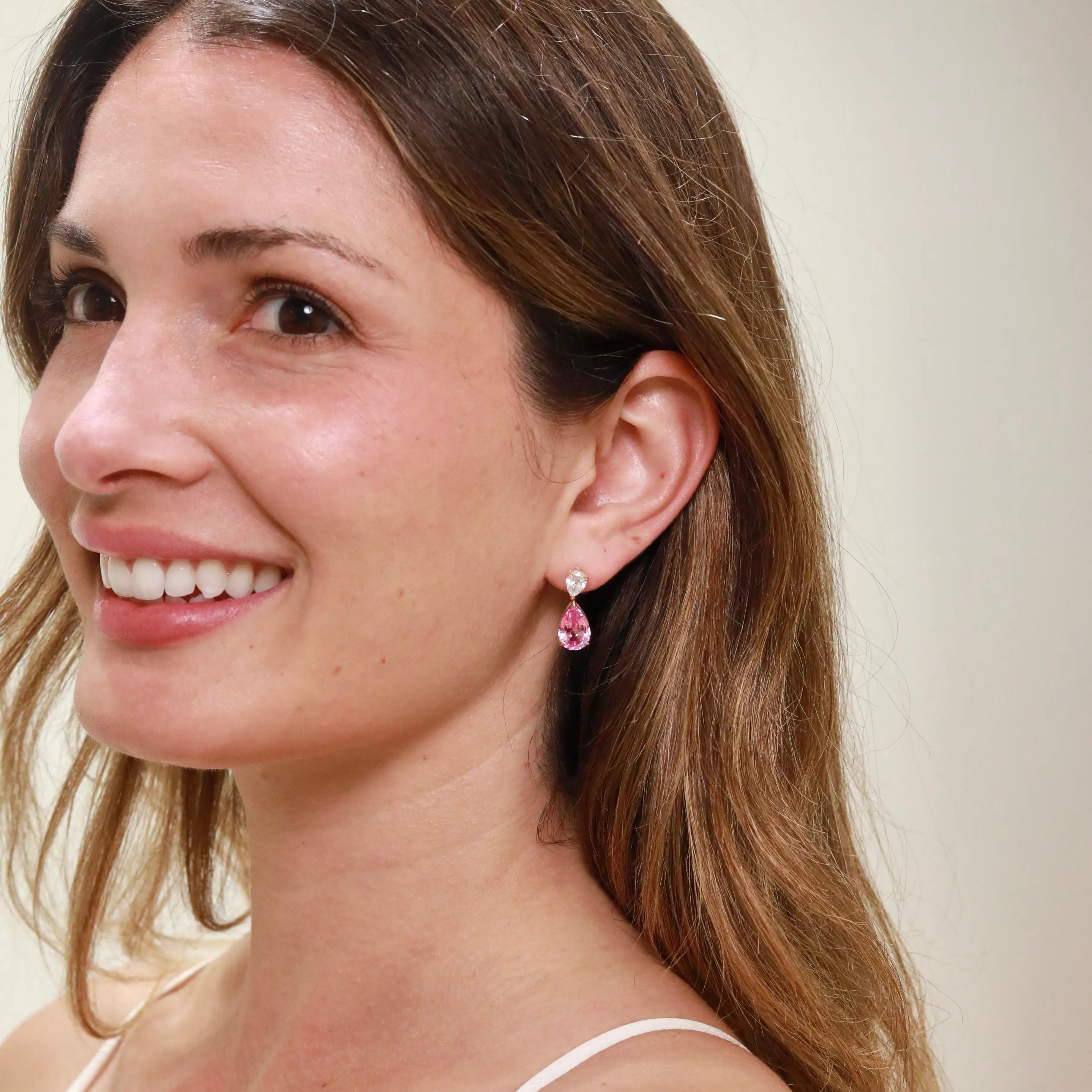 Duet Pear Lab Grown Diamond & Pink Sapphire Drop Earrings in 14k solid gold
