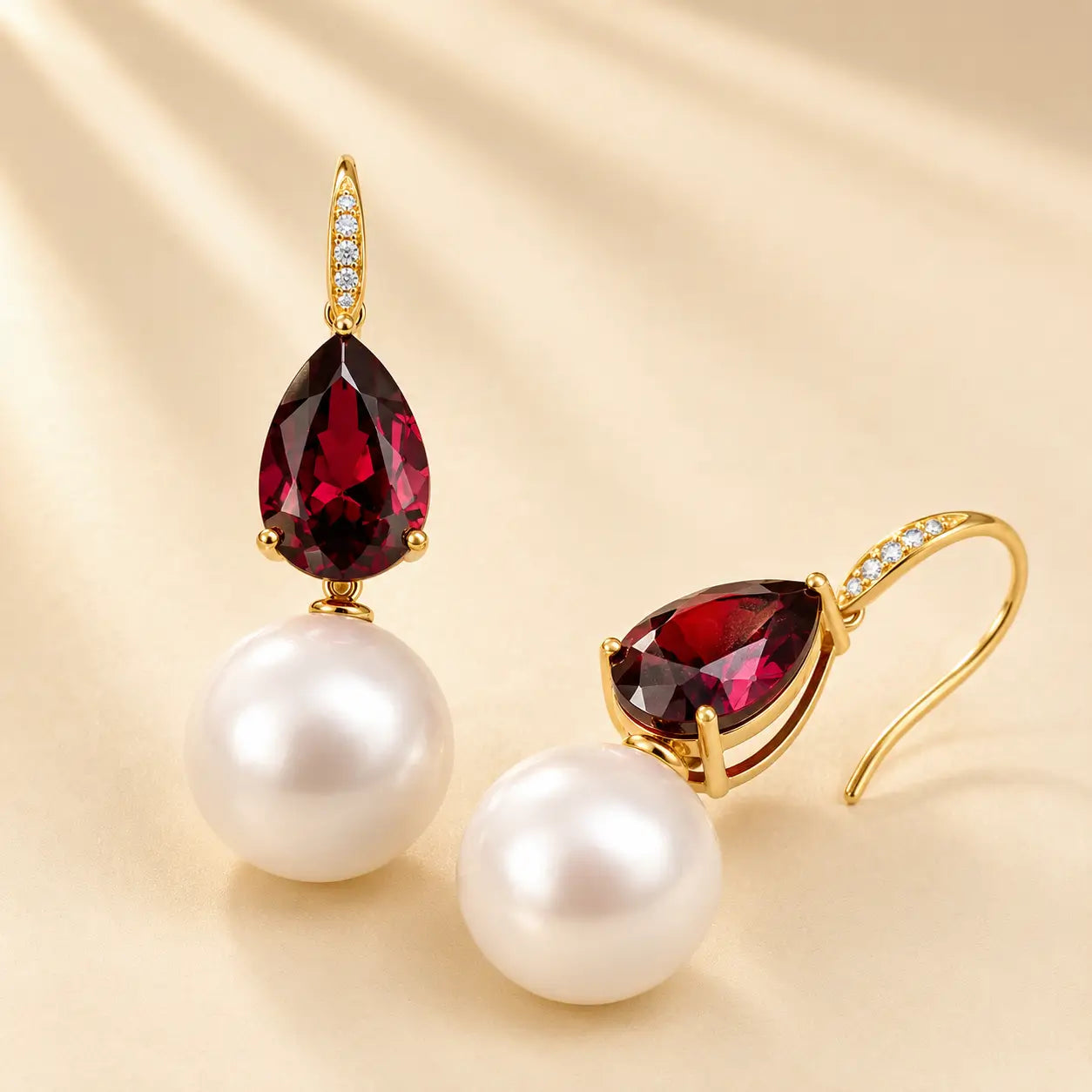 Radiant Pear Garnet Diamond Pearl Convertible Drop Earrings
