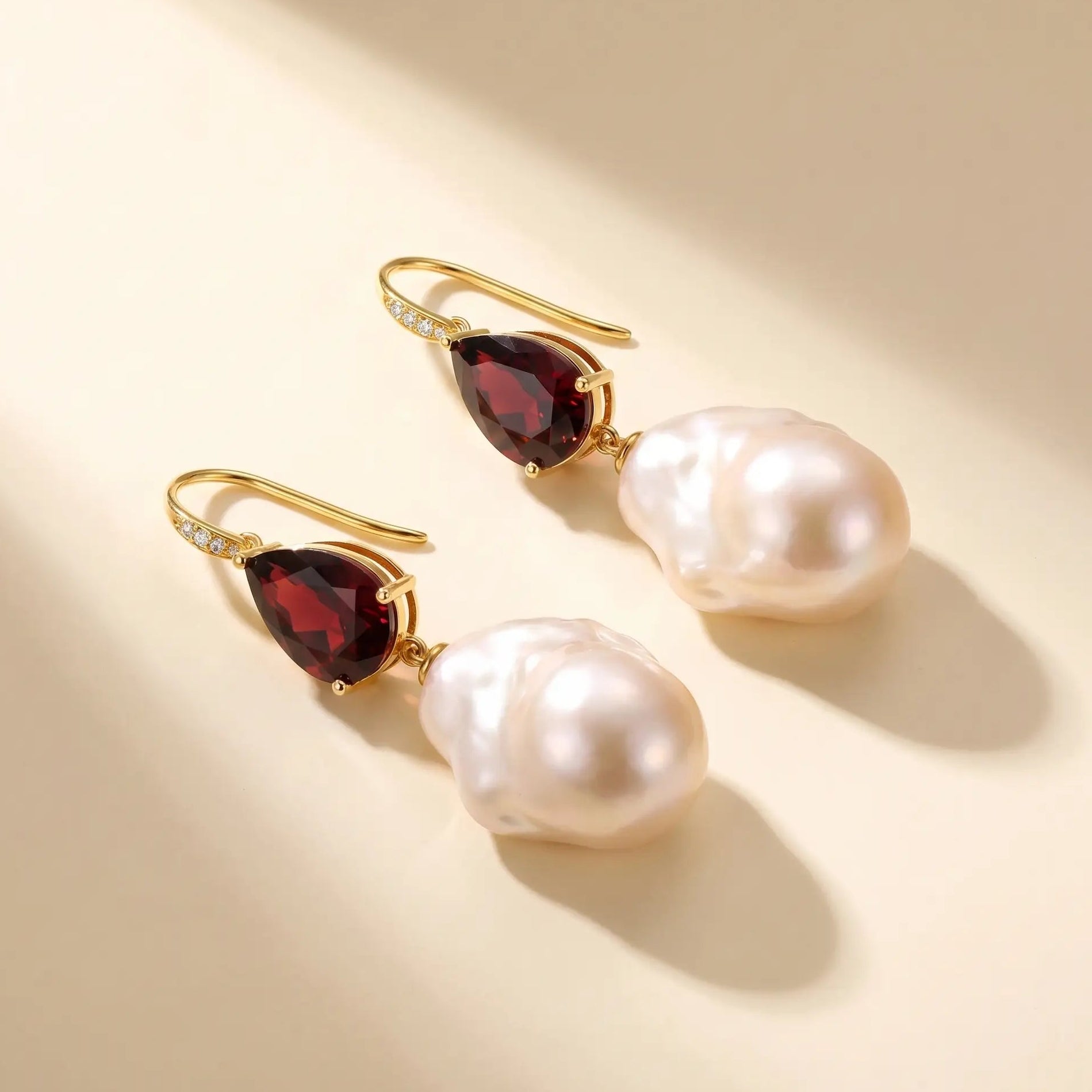 14k gold Radiant Pear Natural Garnet Diamond Baroque Pearl Convertible Drop Earrings