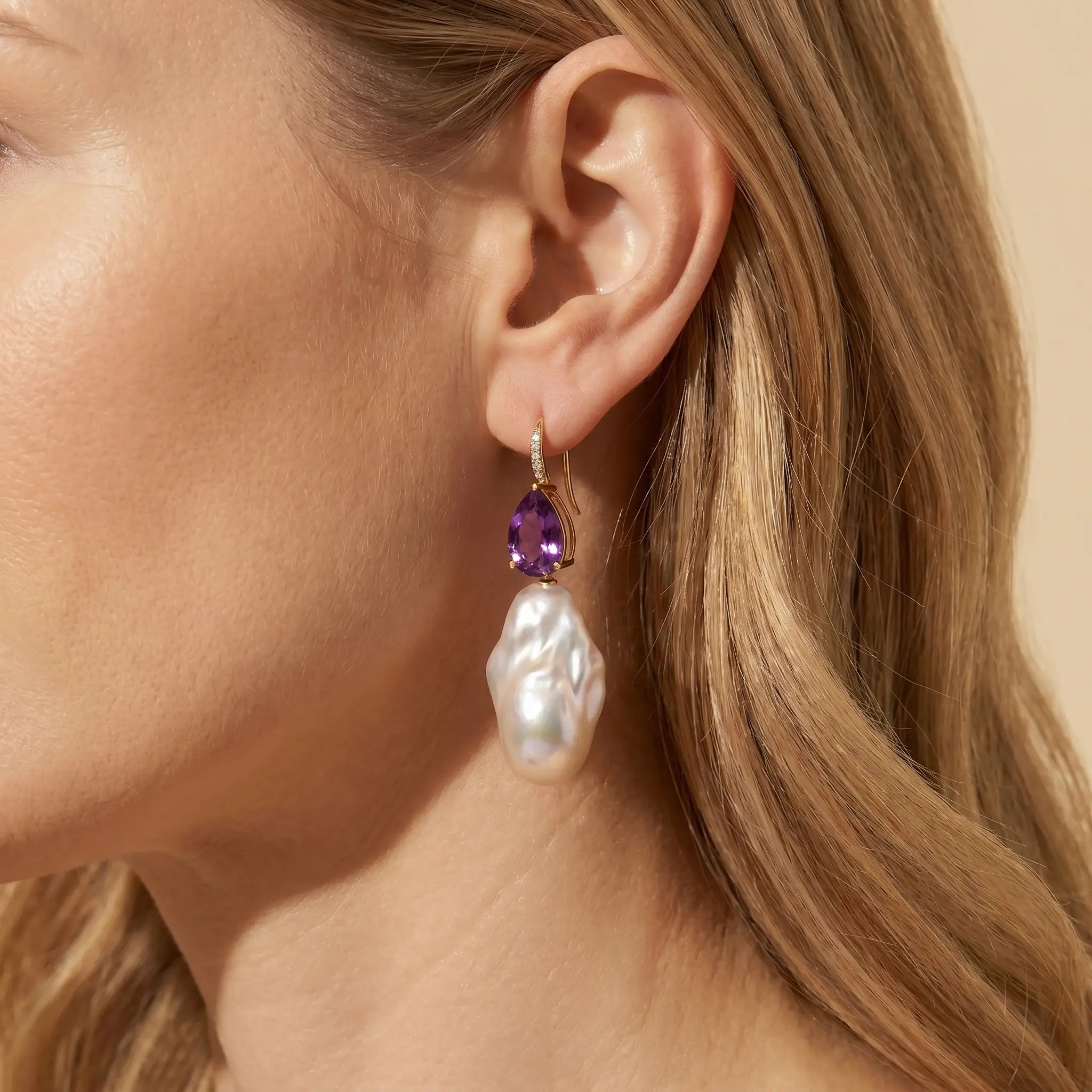 Radiant Pear Amethyst Diamond Baroque Pearl Convertible Drop Earrings