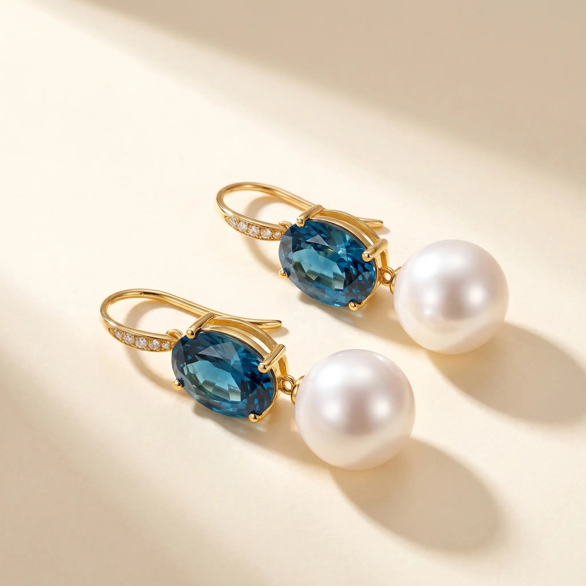 14k gold Radiant Oval Natural London Blue Topaz Diamond, Cultured Pearl Convertible Drop Earrings