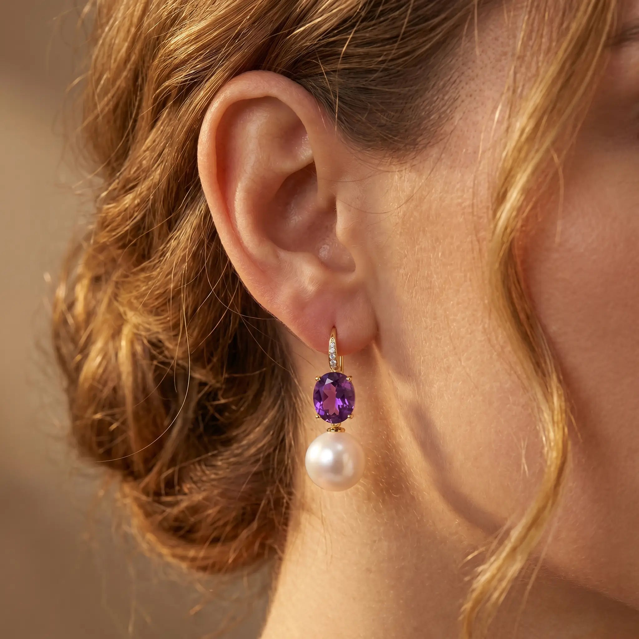 Radiant Oval Amethyst Diamond Pearl Convertible Drop Earrings