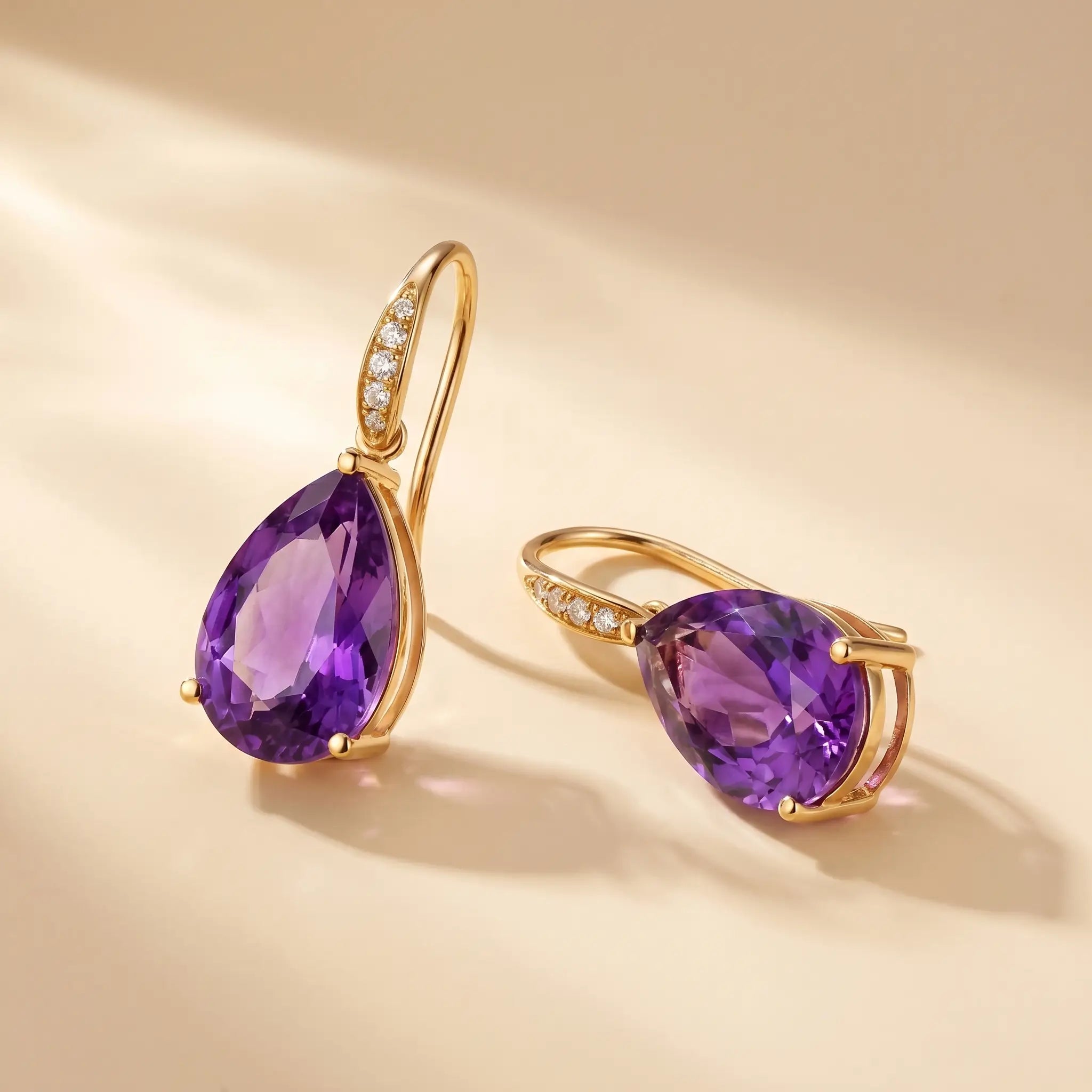 14k gold Radiant Natural Pear Amethyst Diamond Drop Earrings