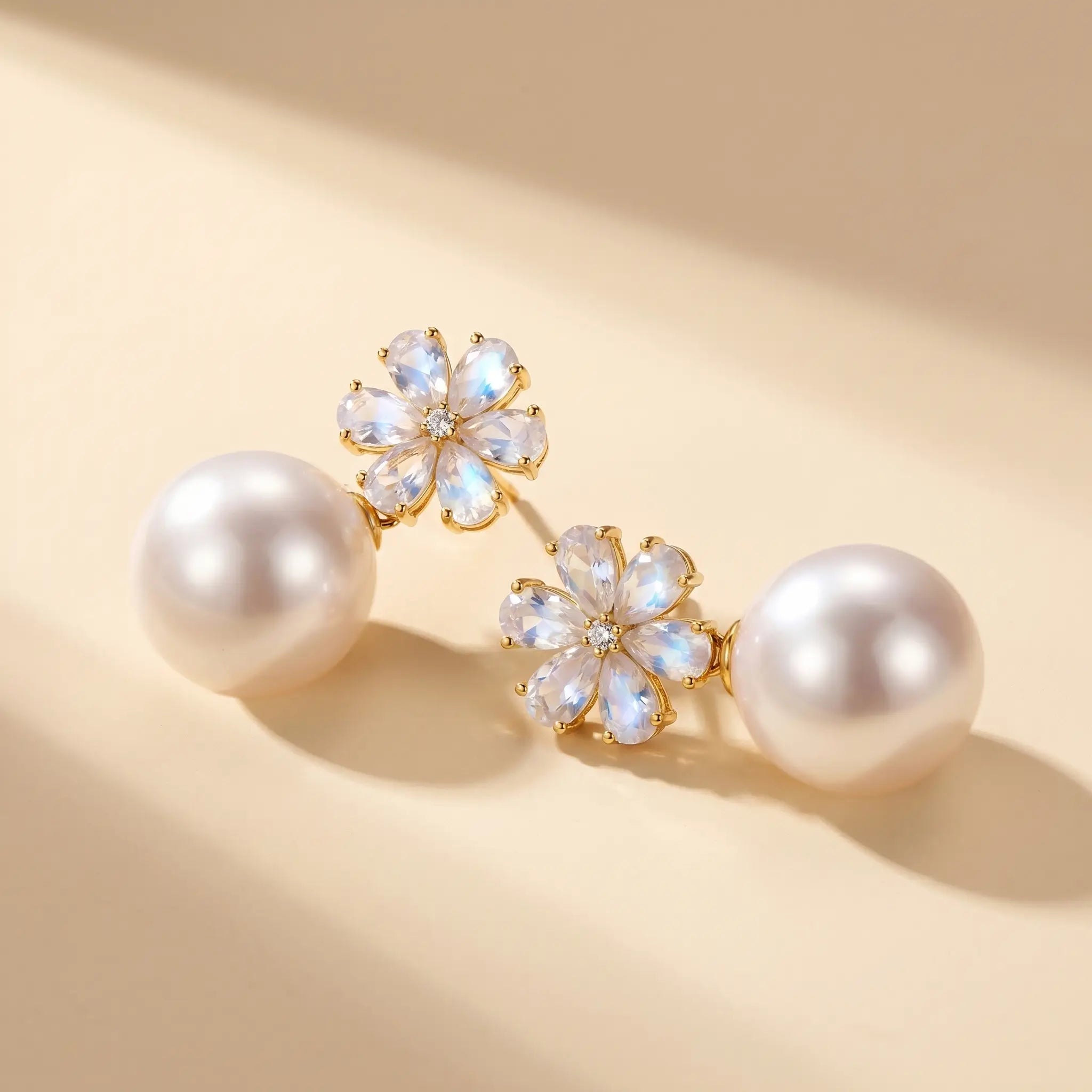 Flora Rainbow Blue Moonstone Diamond Pearl Convertible Drop Earrings in 14k yellow gold
