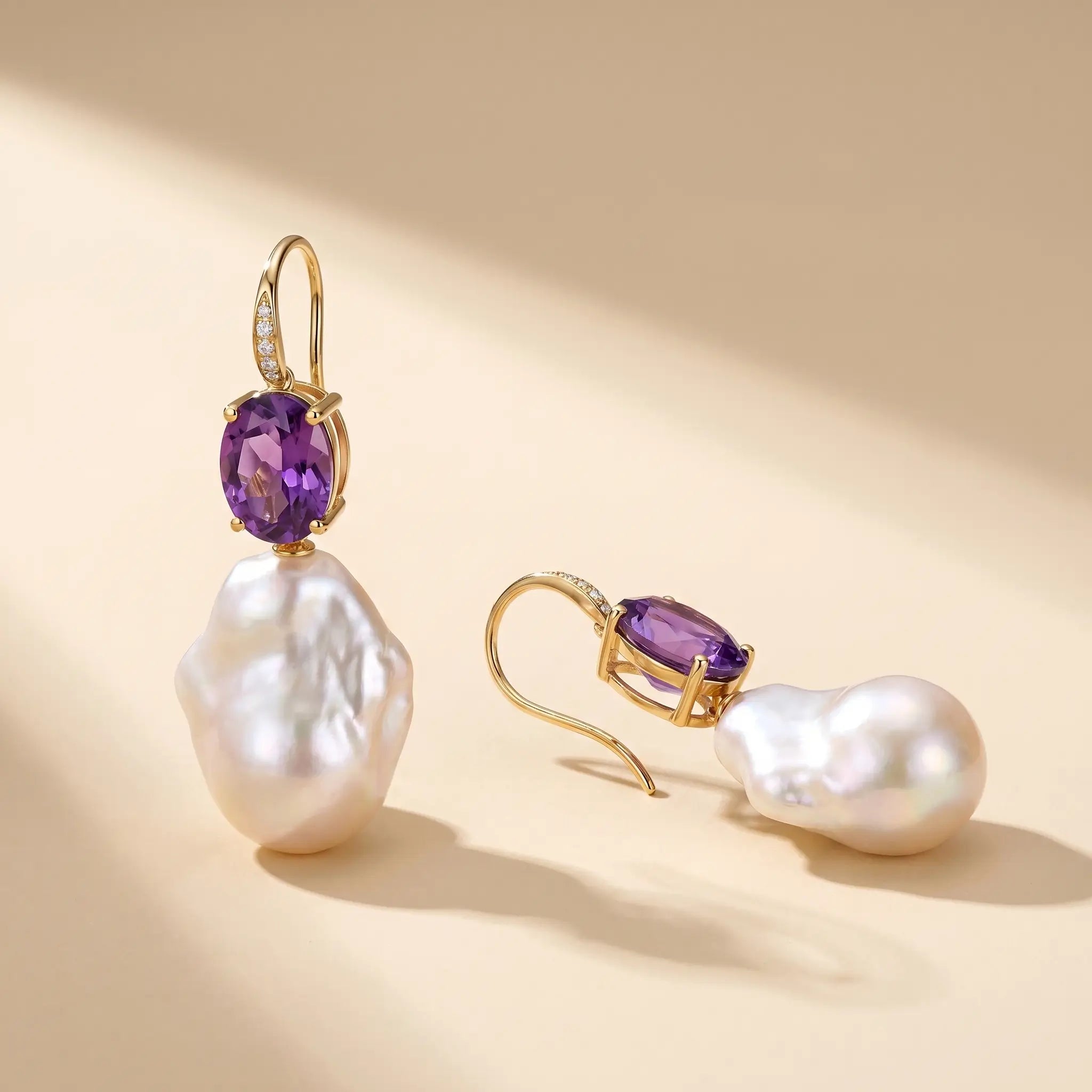 14k gold Radiant Natural Oval Amethyst Diamond Baroque Pearl Convertible Drop Earrings