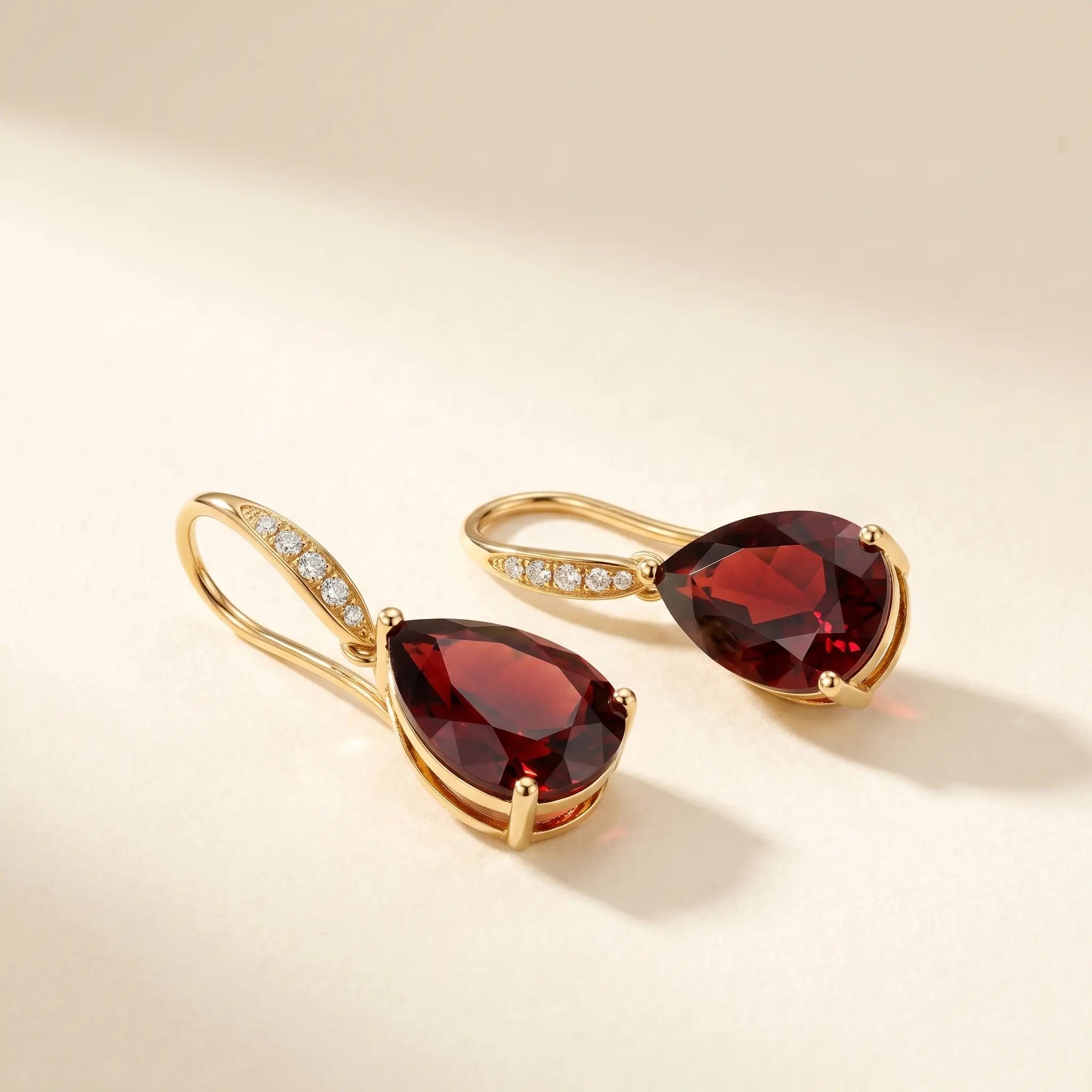 14k gold Radiant Natural Pear Garnet Diamond Drop Earrings