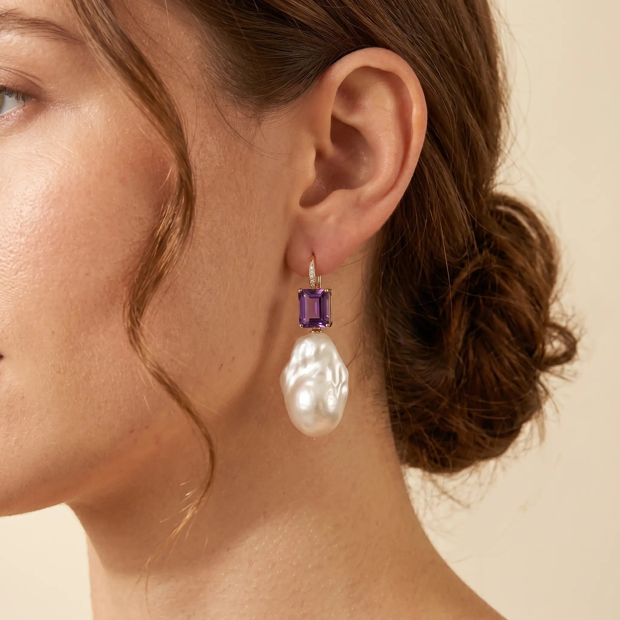 Radiant Emerald-Cut Amethyst Diamond Baroque Pearl Convertible Drop Earrings