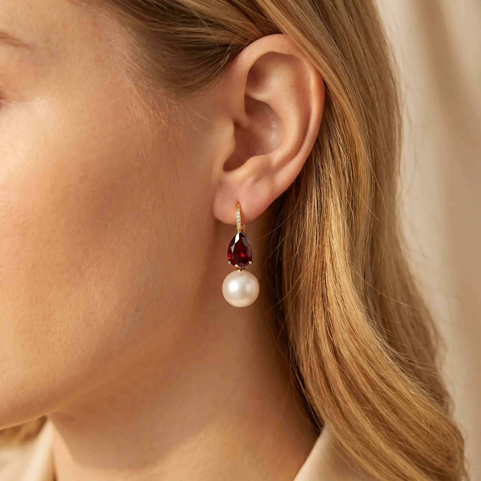 Radiant Pear Garnet Diamond Pearl Convertible Drop Earrings