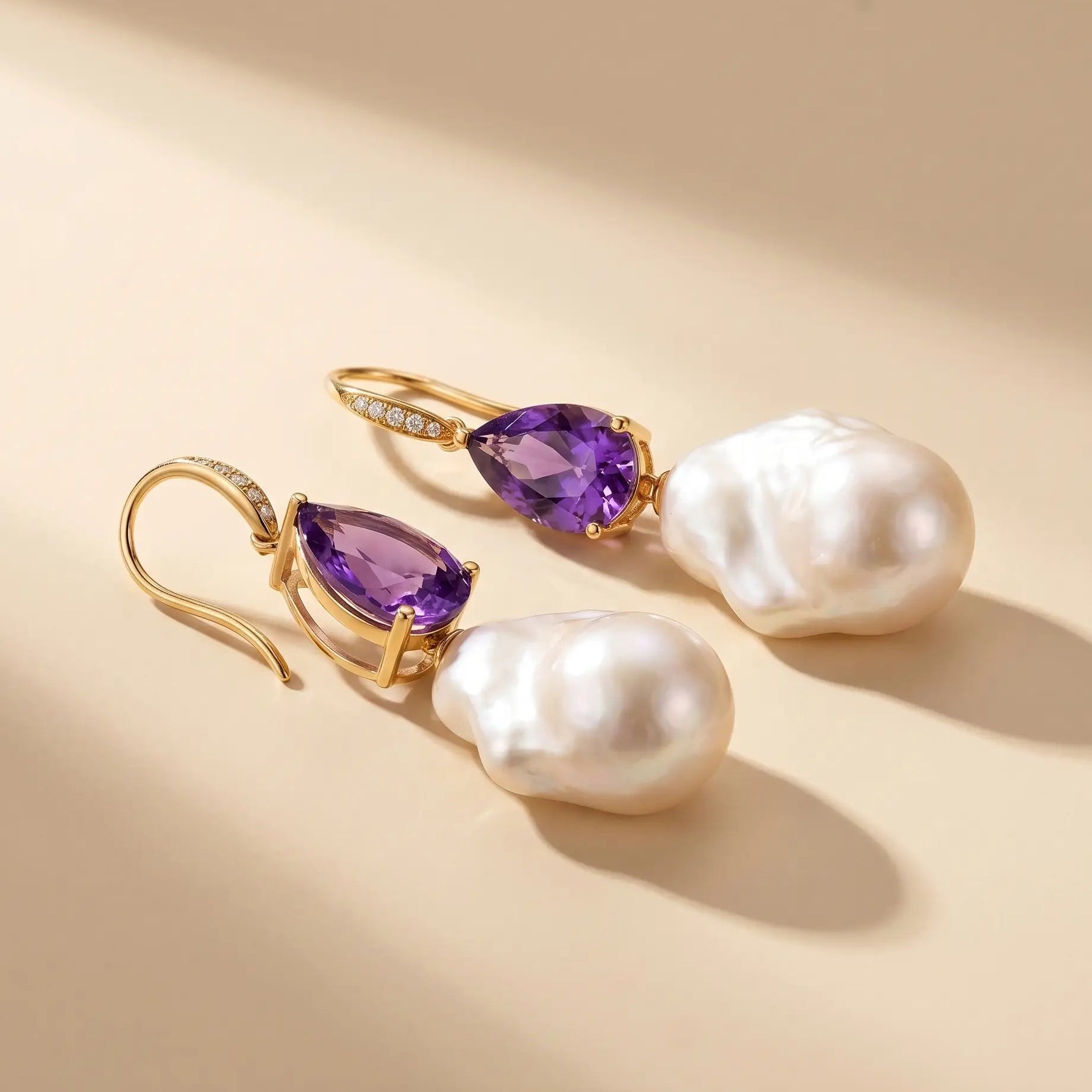 14k gold Radiant Natural Pear Amethyst Diamond Baroque Pearl Convertible Drop Earrings
