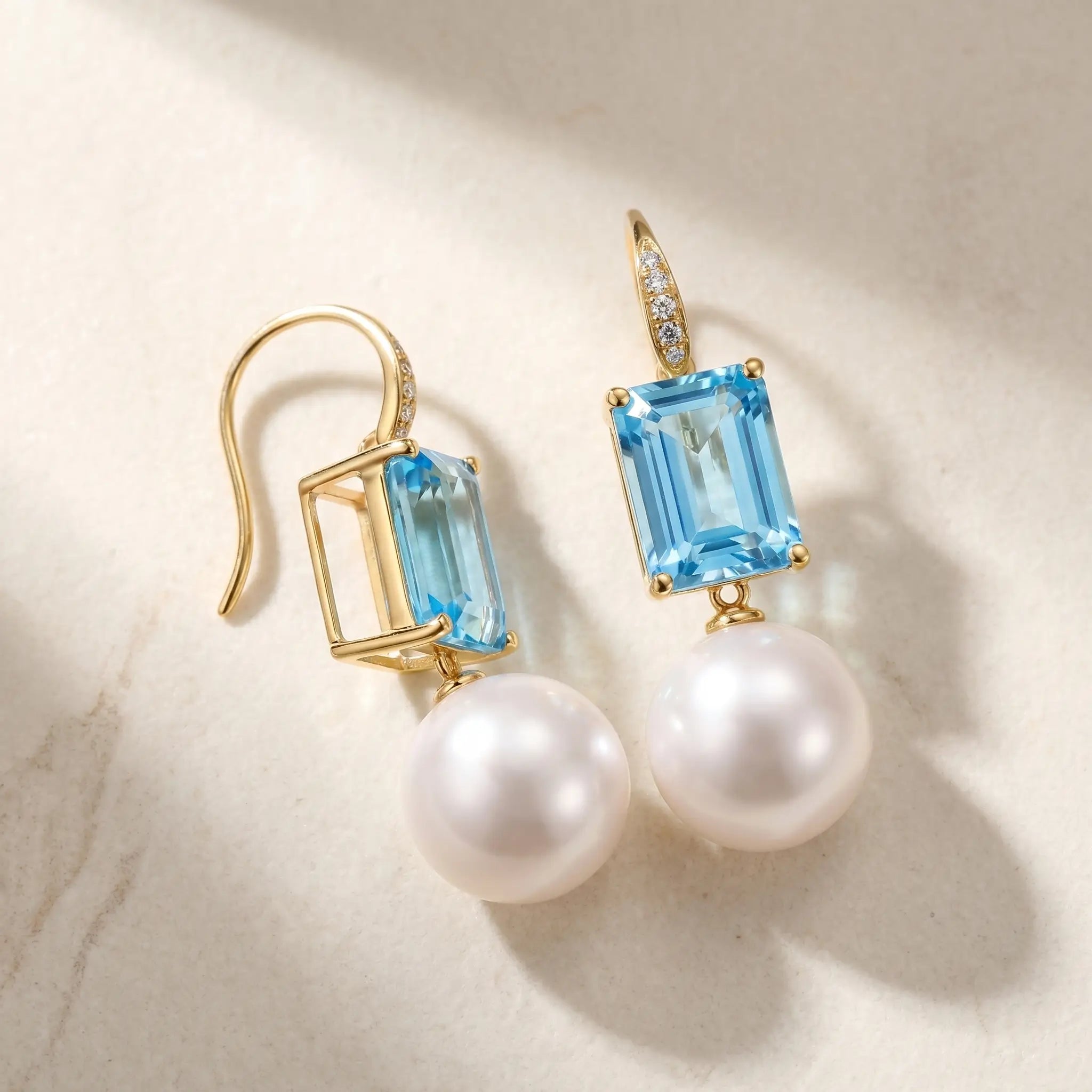14k Gold Radiant Emerald-Cut Natural Topaz Diamond & Cultured Round Pearl Convertible Drop Earrings