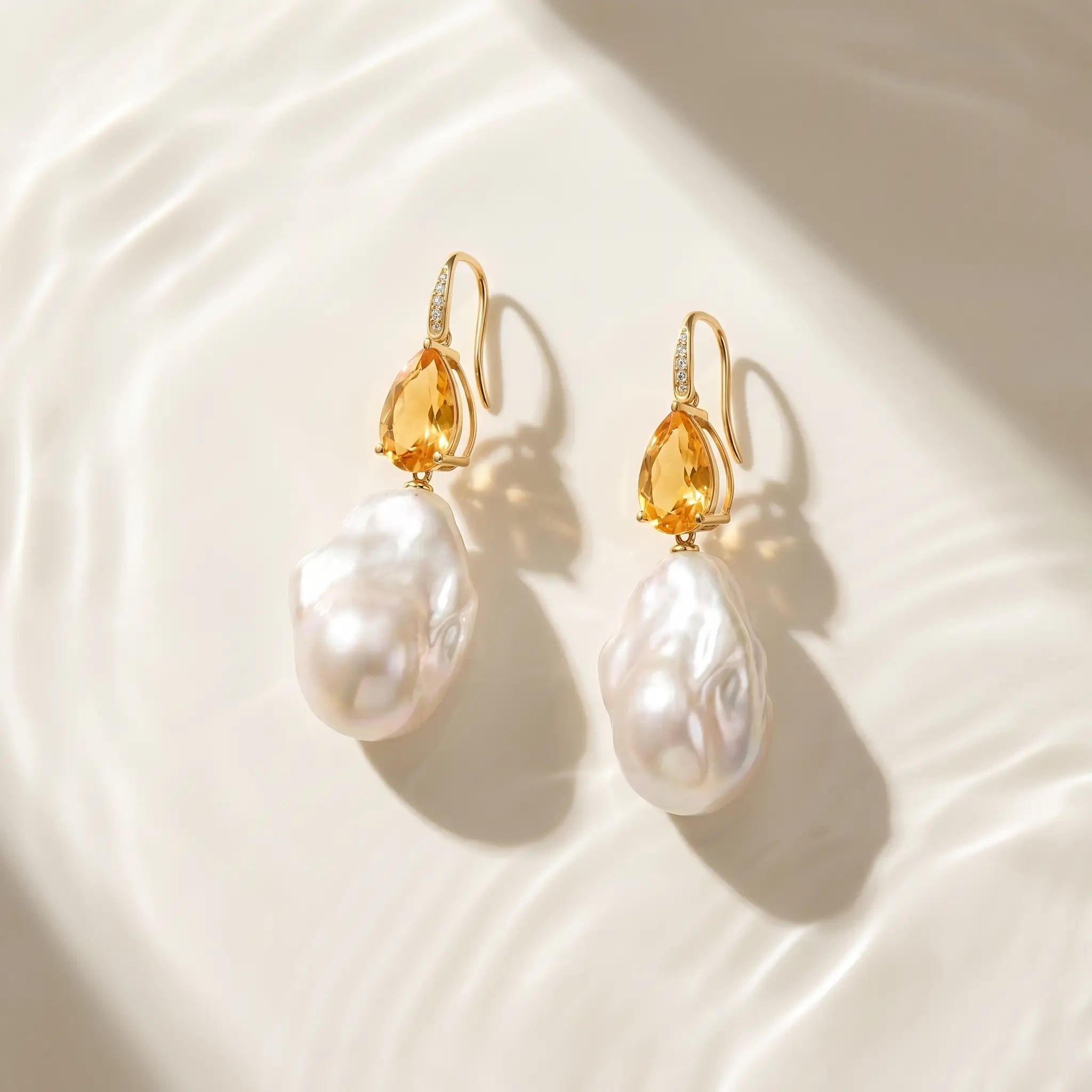 14k Gold Radiant Pear Natural Citrine Diamond Baroque Pearl Convertible Drop Earrings
