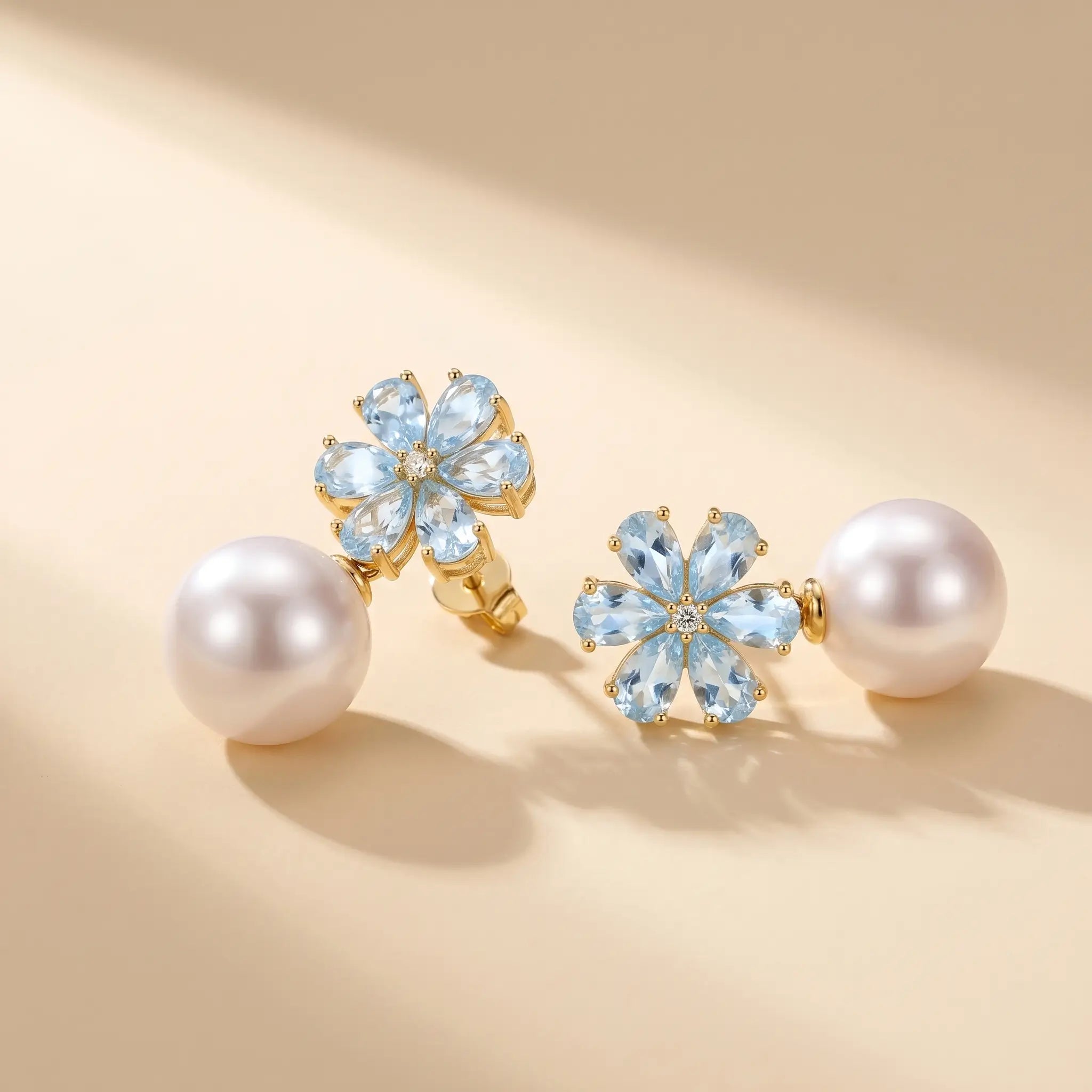 Flora Natural Sky Blue Aquamarine Diamond Pearl Convertible Drop Earrings in 14k gold