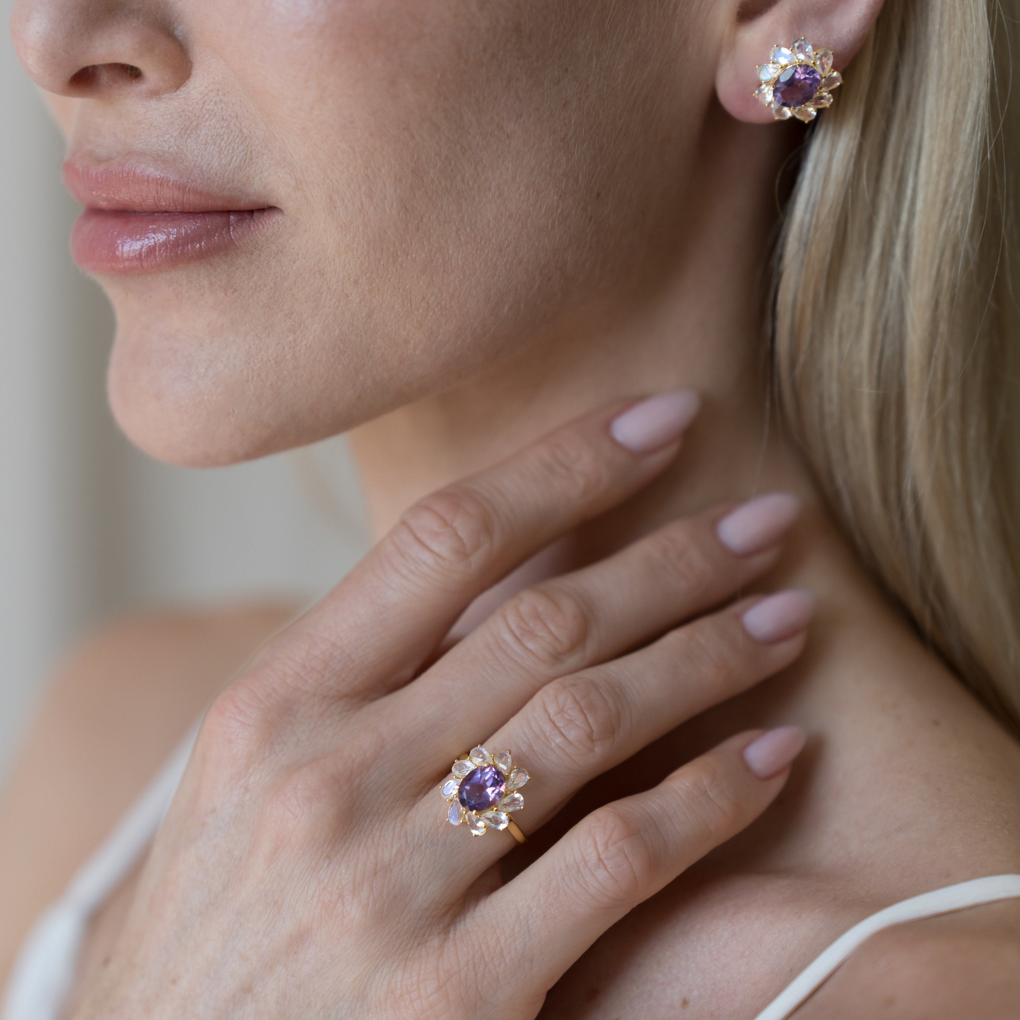 Mellissa Natural Amethyst Moonstone Ring 14k yellow gold