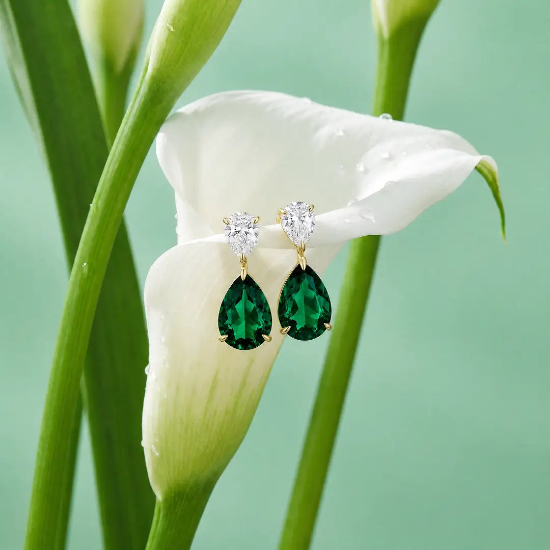 Duet 7ctw Pear Lab Grown Diamond & Emerald Drop Earrings in 14k yellow gold