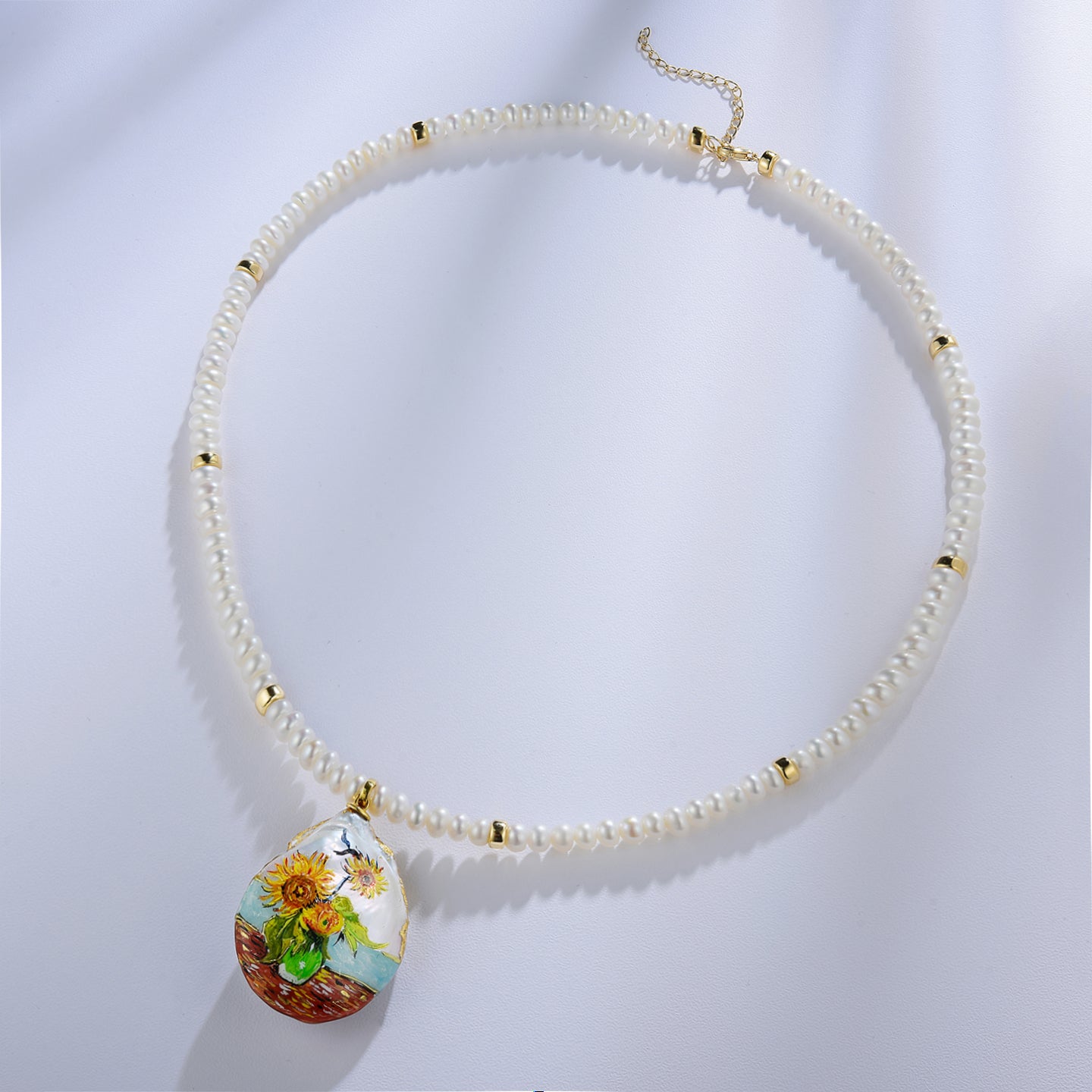 Pearl and Gold Bead Strand Necklace with Convertible Sunflower Hand-Painted Baroque Pearl