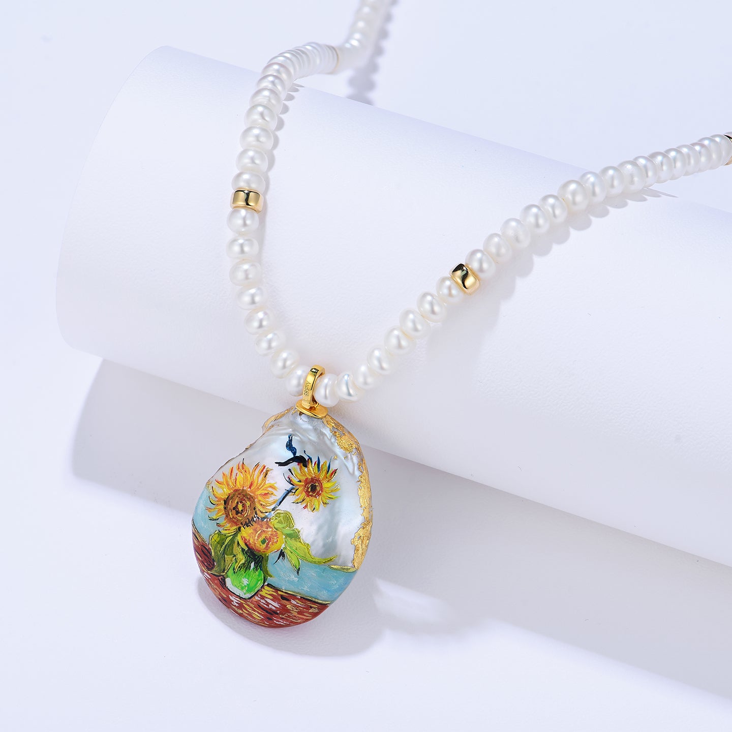 Pearl and Gold Bead Strand Necklace with Convertible Sunflower Hand-Painted Baroque Pearl