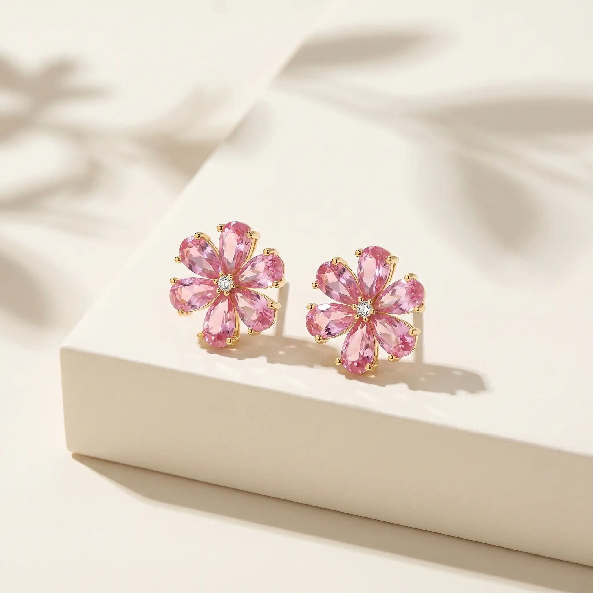 Flora Blossom Natural Pink Tourmaline Diamond Earrings in 14k yellow gold