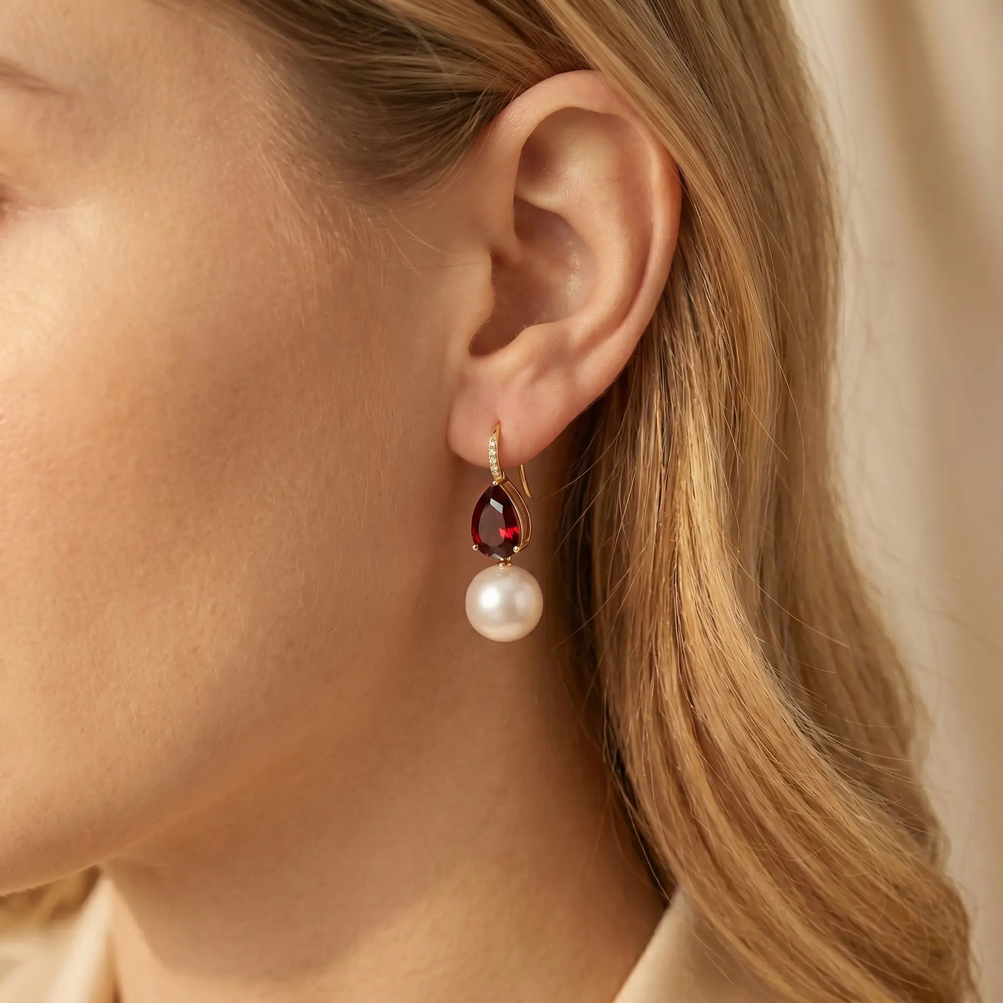 Radiant Pear Garnet Diamond Pearl Convertible Drop Earrings