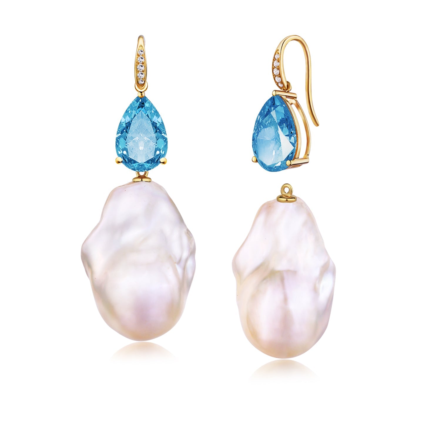 Radiant Pear Topaz Diamond Baroque Pearl Convertible Drop Earrings