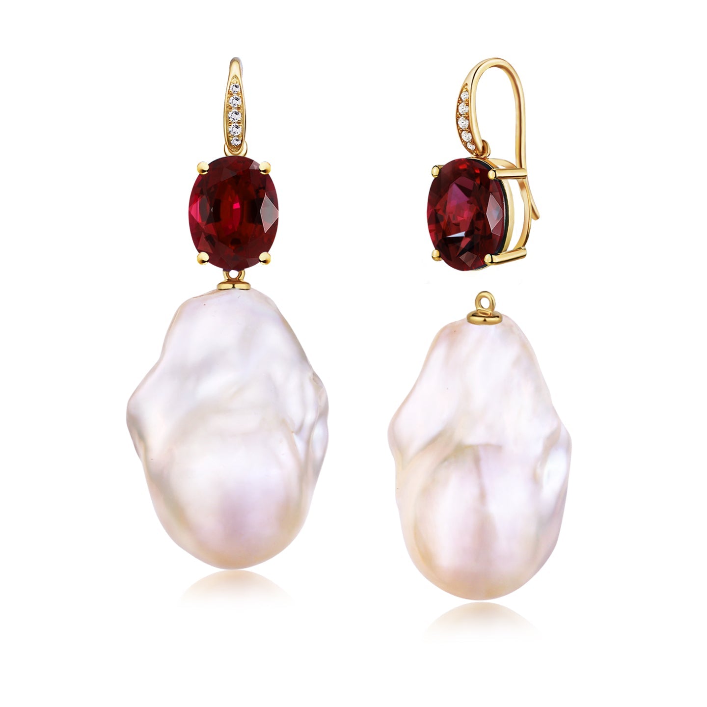 Radiant Oval Garnet Diamond Baroque Pearl Convertible Drop Earrings